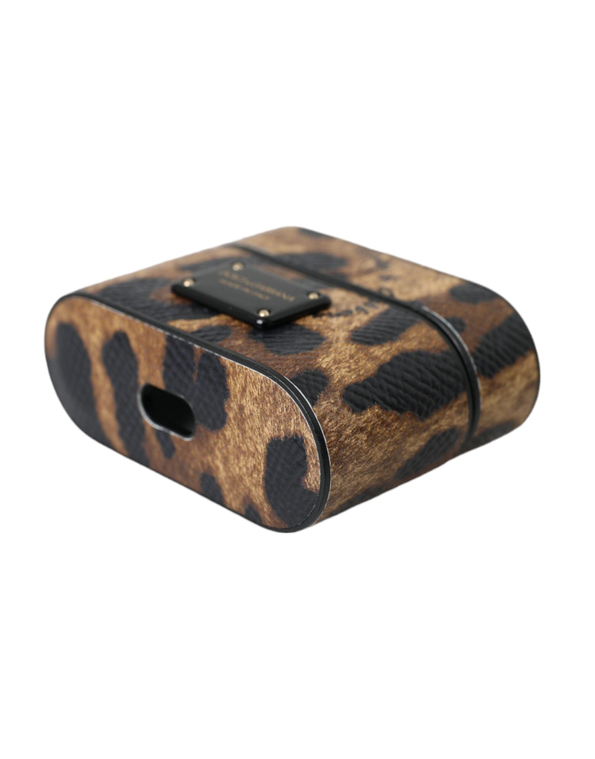 Dolce & Gabbana Brown Leopard Calf Leather Metal Logo Plaque Airpods Women's Case