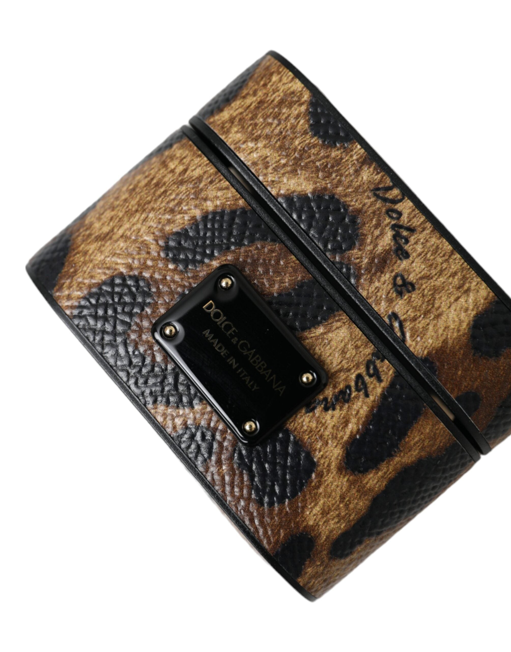 Dolce & Gabbana Brown Leopard Calf Leather Metal Logo Plaque Airpods Women's Case