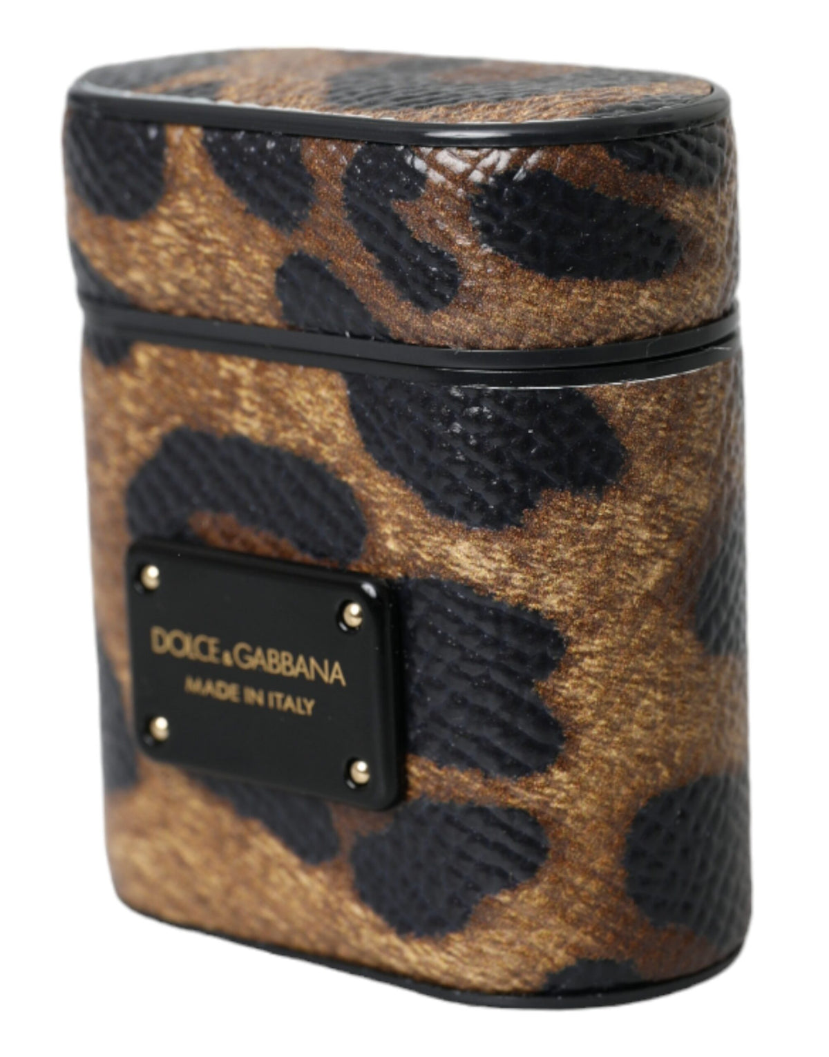 Dolce & Gabbana Brown Leopard Calf Leather Metal Logo Plaque Airpods Women's Case