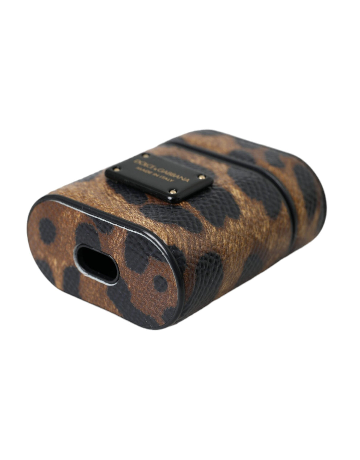 Dolce & Gabbana Brown Leopard Calf Leather Metal Logo Plaque Airpods Women's Case