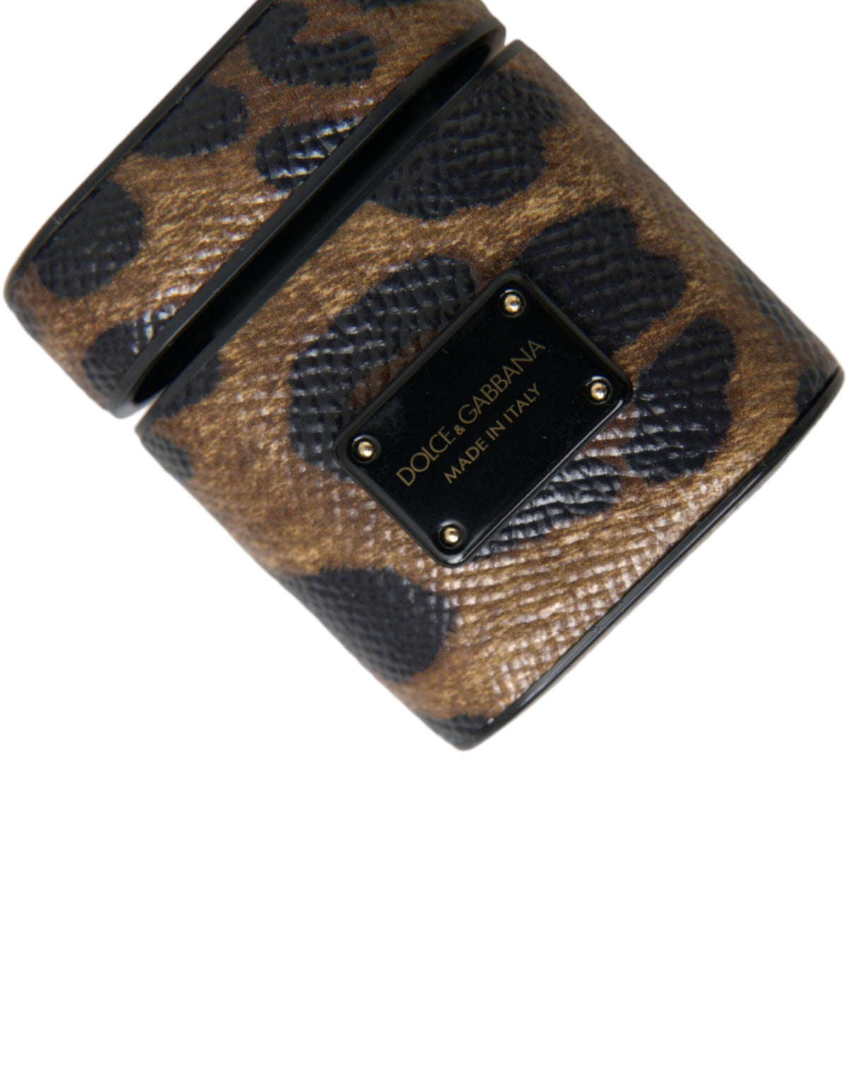 Dolce & Gabbana Brown Leopard Calf Leather Metal Logo Plaque Airpods Women's Case