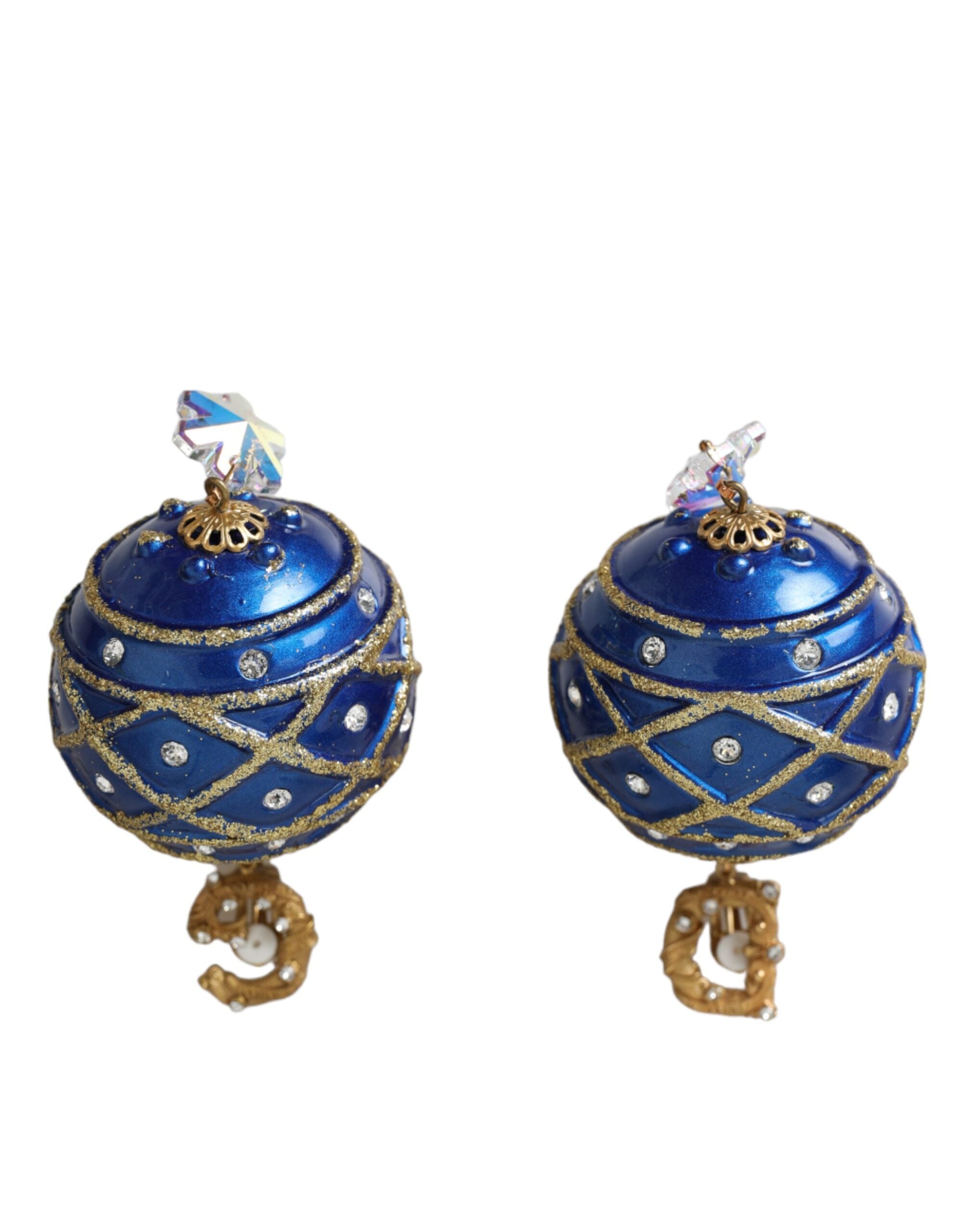 Dolce & Gabbana Gold Brass Blue Dangle Christmas Ball Crystal Clip On Women's Earrings (Pre-Owned)