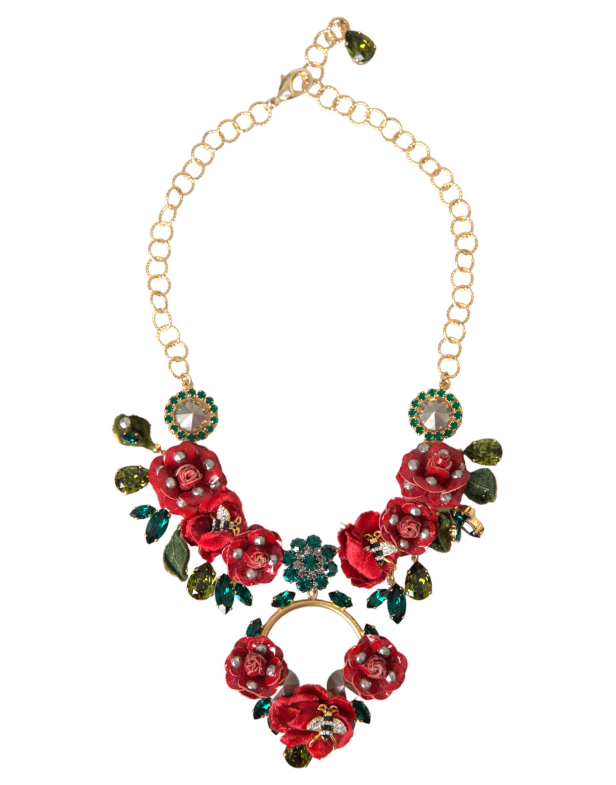 Dolce & Gabbana Gold Brass Link Chain RosePetal Crystal Pendant Women's Necklace