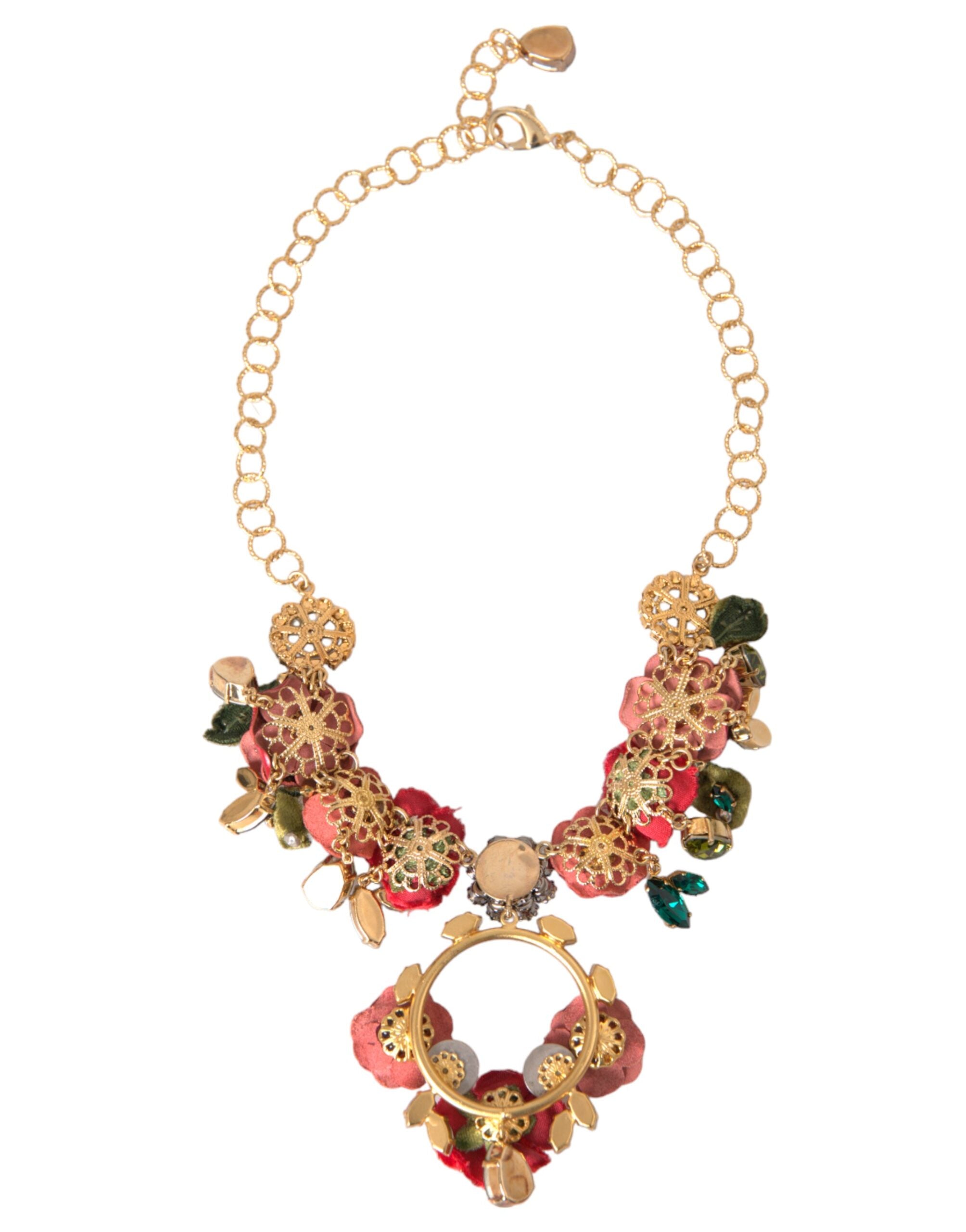 Dolce & Gabbana Gold Brass Link Chain RosePetal Crystal Pendant Women's Necklace