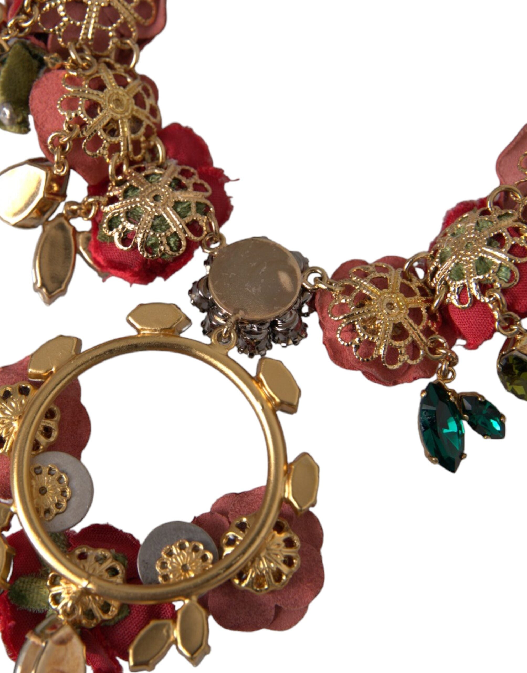Dolce & Gabbana Gold Brass Link Chain RosePetal Crystal Pendant Women's Necklace