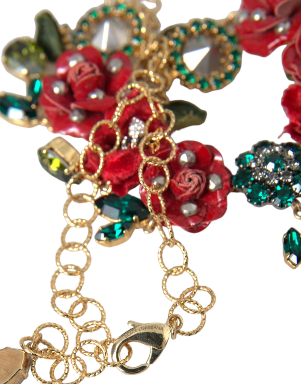 Dolce & Gabbana Gold Brass Link Chain RosePetal Crystal Pendant Women's Necklace