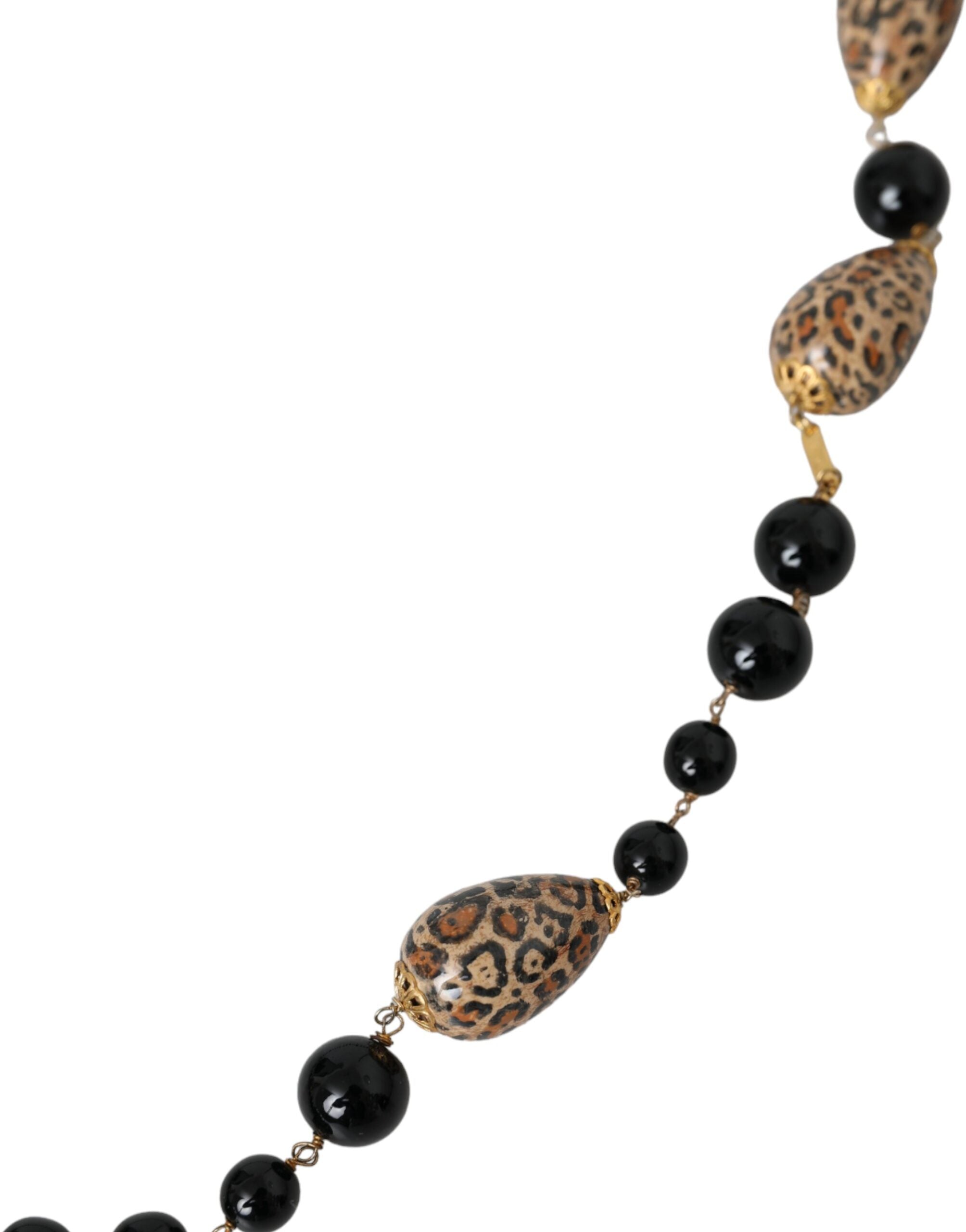 Dolce & Gabbana Gold Tone Brass Black Printed Beaded Long Chain Women's Necklace