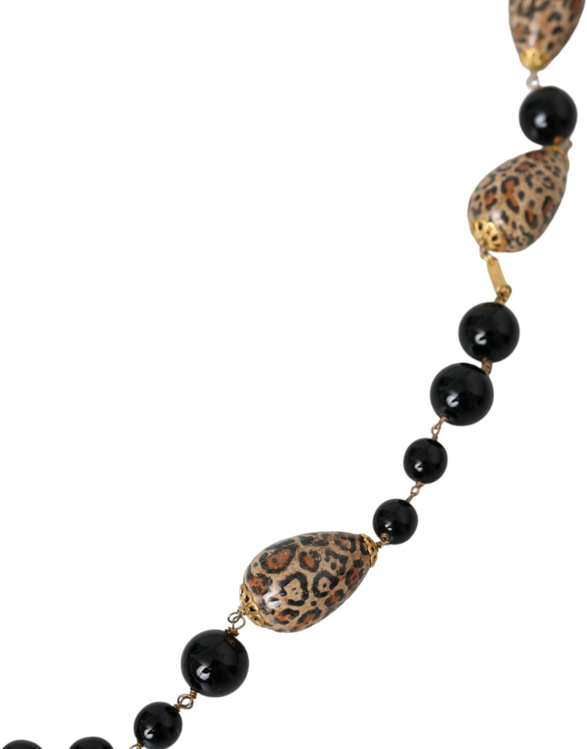 Dolce & Gabbana Gold Tone Brass Black Printed Beaded Long Chain Women's Necklace