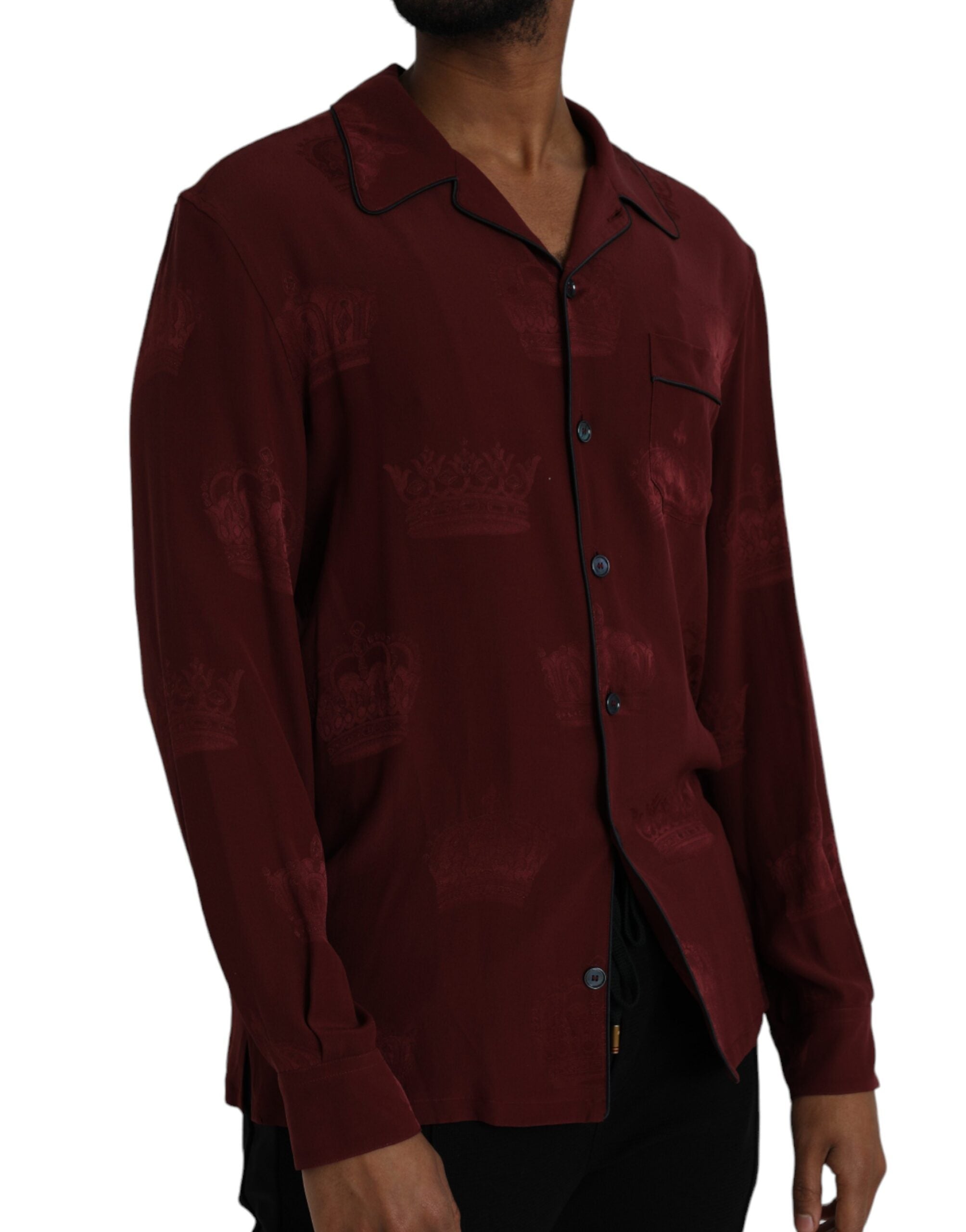 Dolce & Gabbana Maroon Crown Jacquard Silk Long Sleeve Men's Shirt