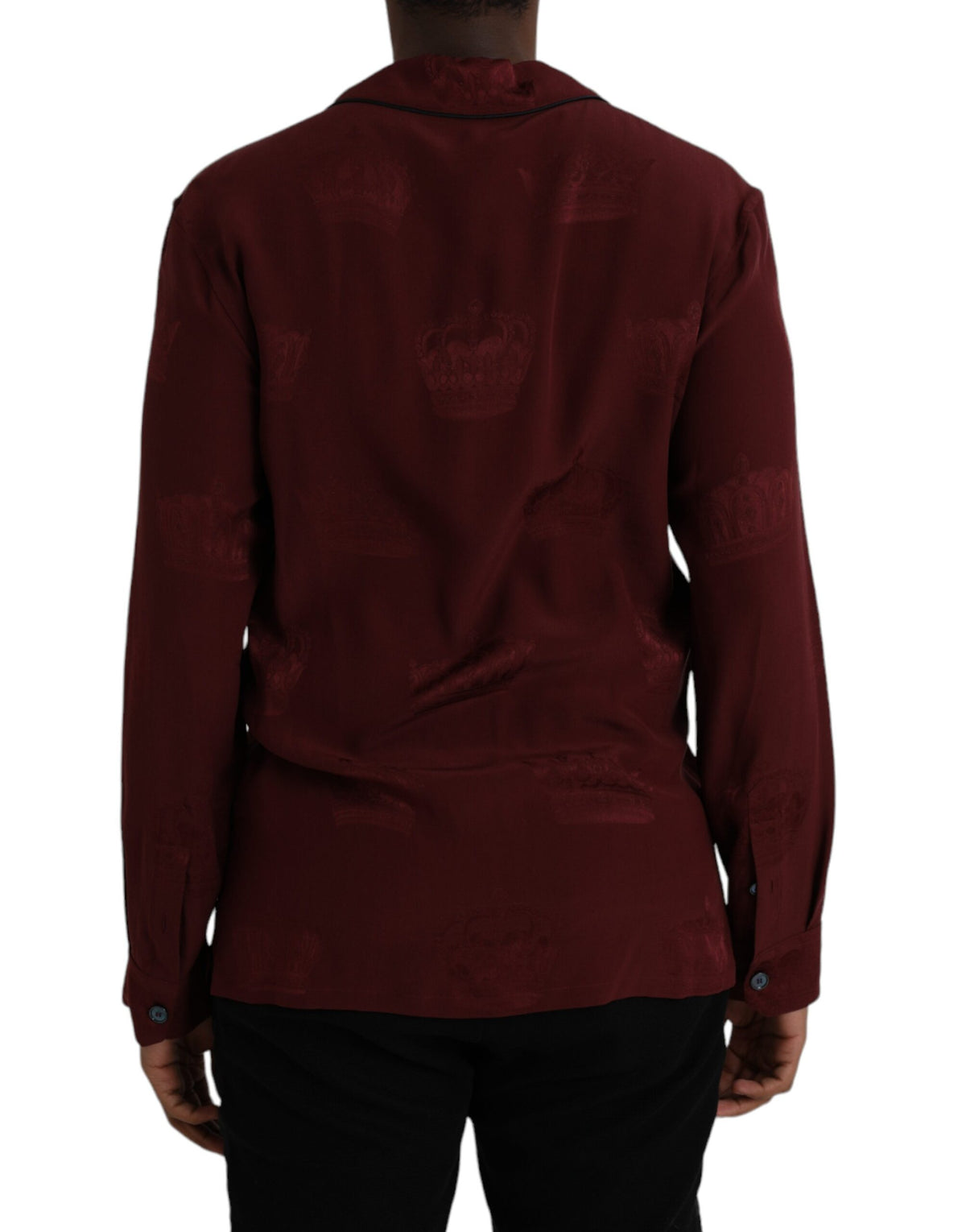 Dolce & Gabbana Maroon Crown Jacquard Silk Long Sleeve Men's Shirt