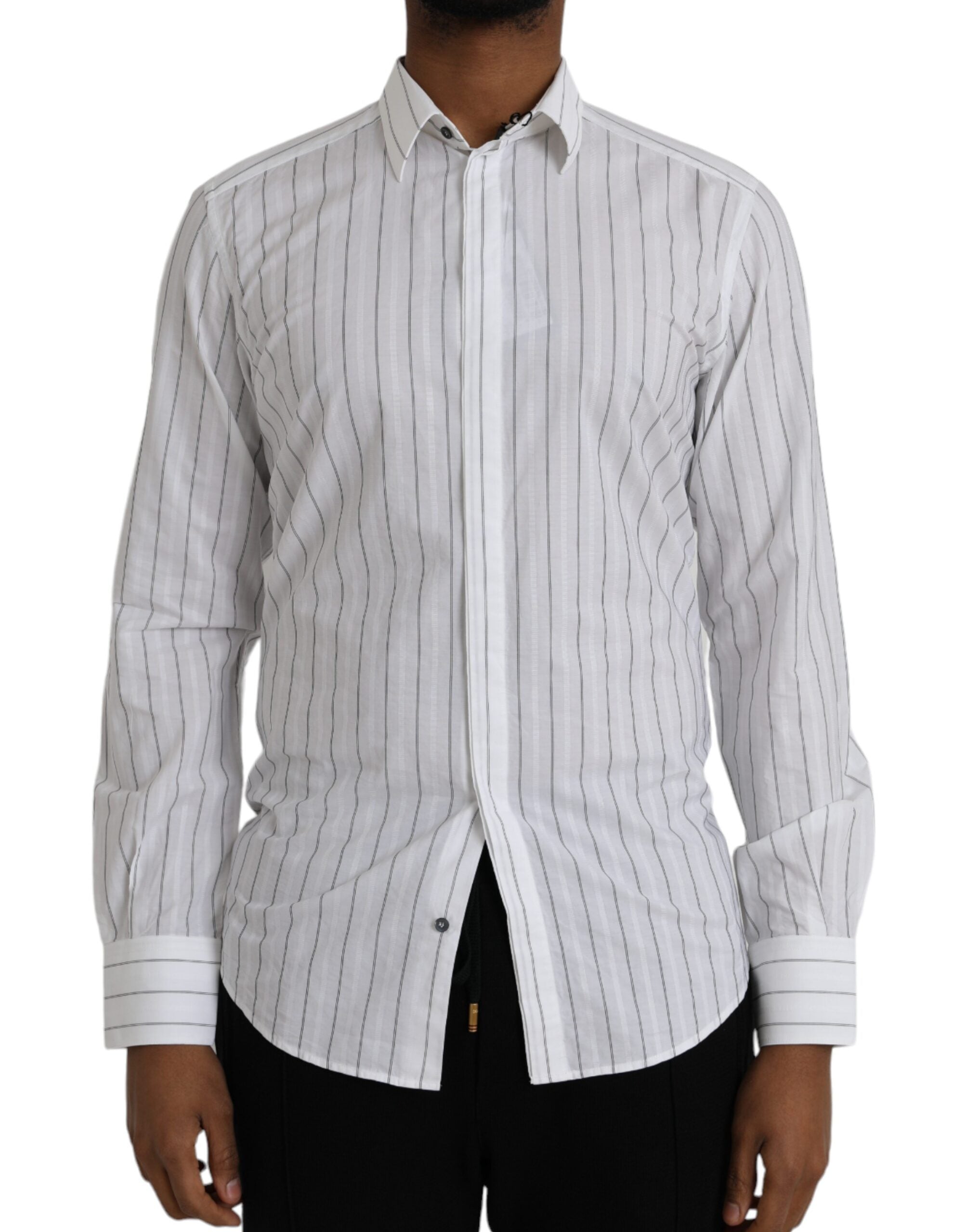 Dolce & Gabbana Black White Striped Formal Dress GOLD Men's Shirt