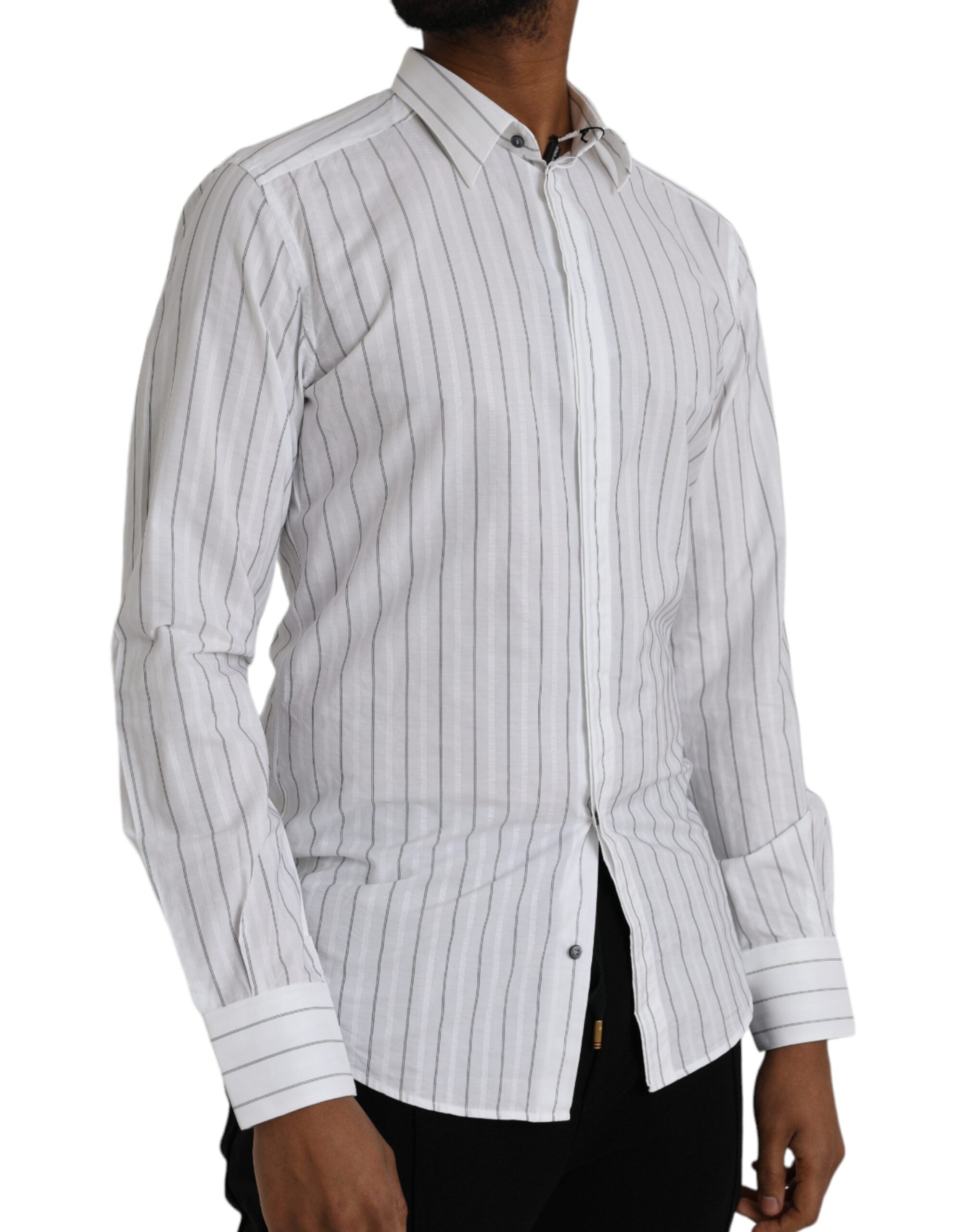 Dolce & Gabbana Black White Striped Formal Dress GOLD Men's Shirt