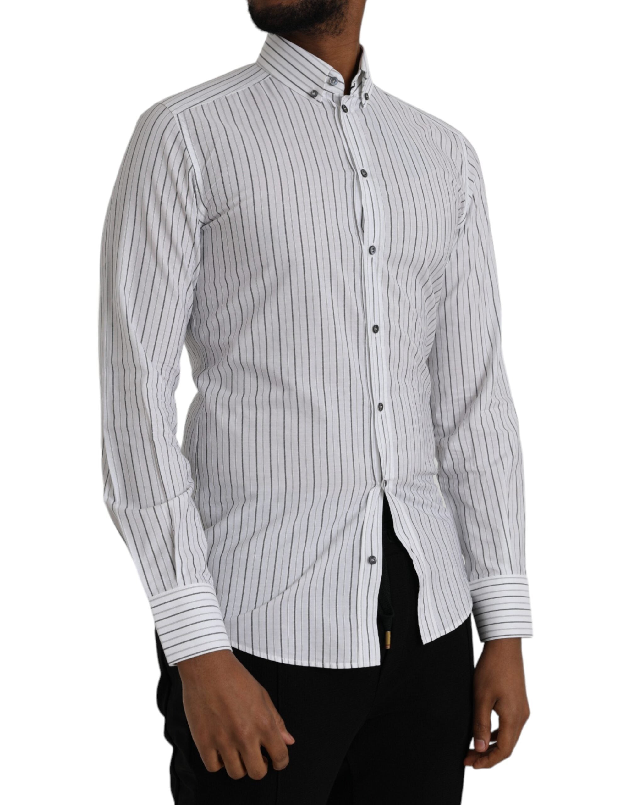 Dolce & Gabbana Black White Striped Formal Dress GOLD Men's Shirt
