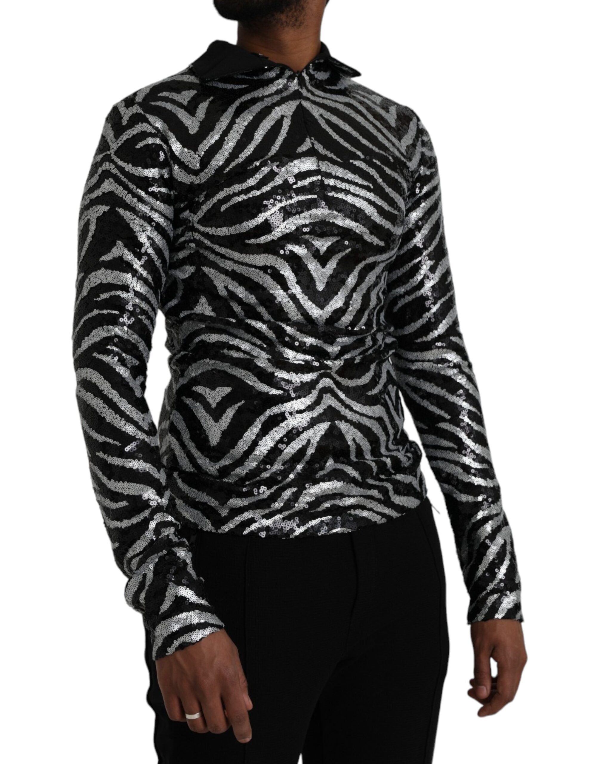 Dolce & Gabbana Black Silver Sequined Polyester Men's Sweater