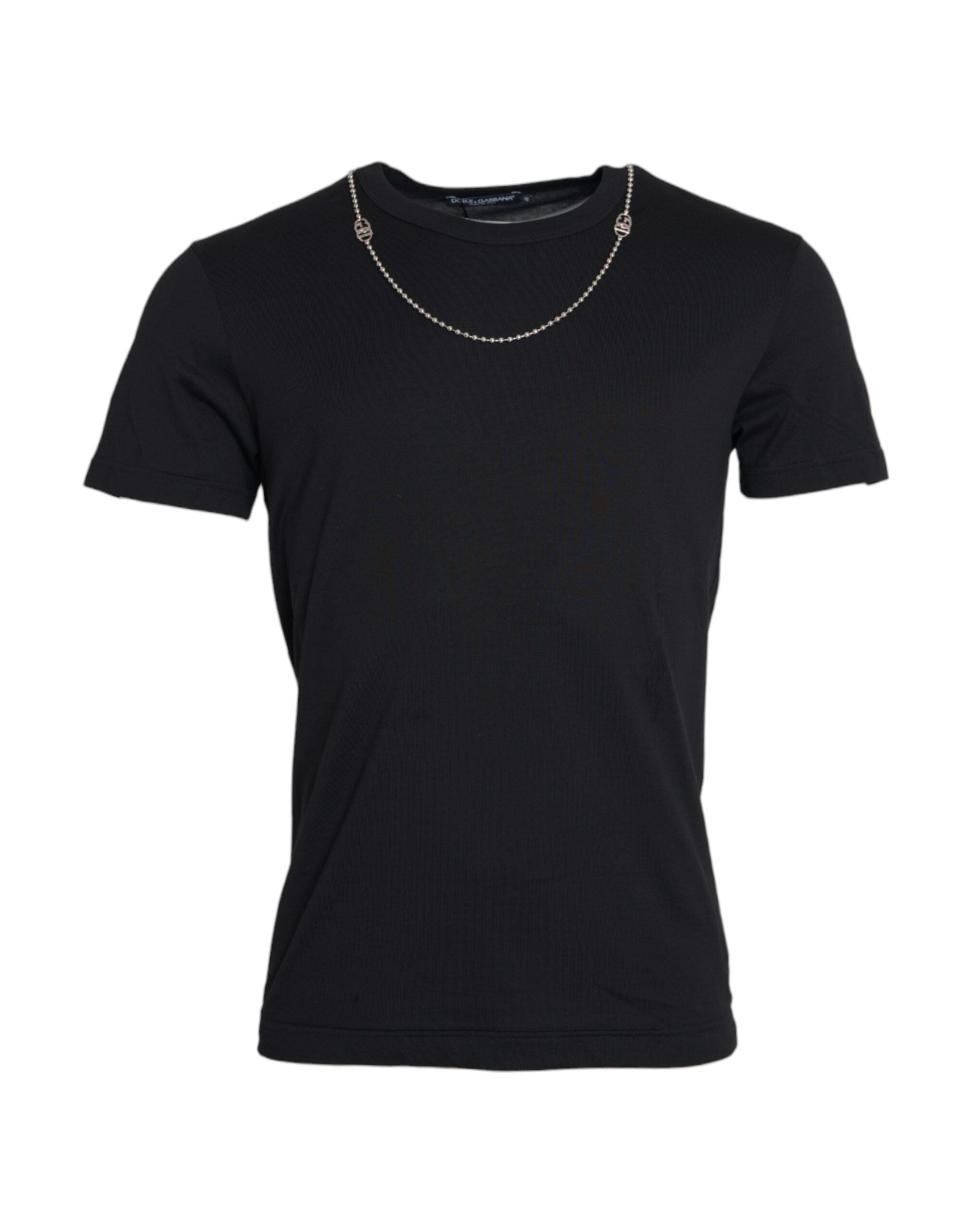 Dolce & Gabbana Black Cotton Silver Chain Short Sleeve Men's T-shirt