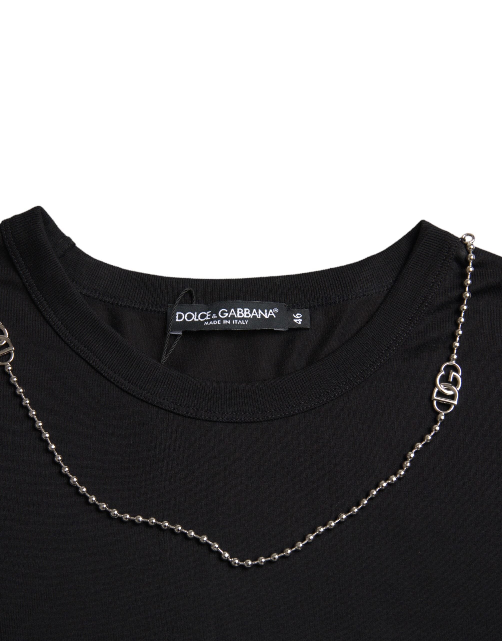 Dolce & Gabbana Black Cotton Silver Chain Short Sleeve Men's T-shirt