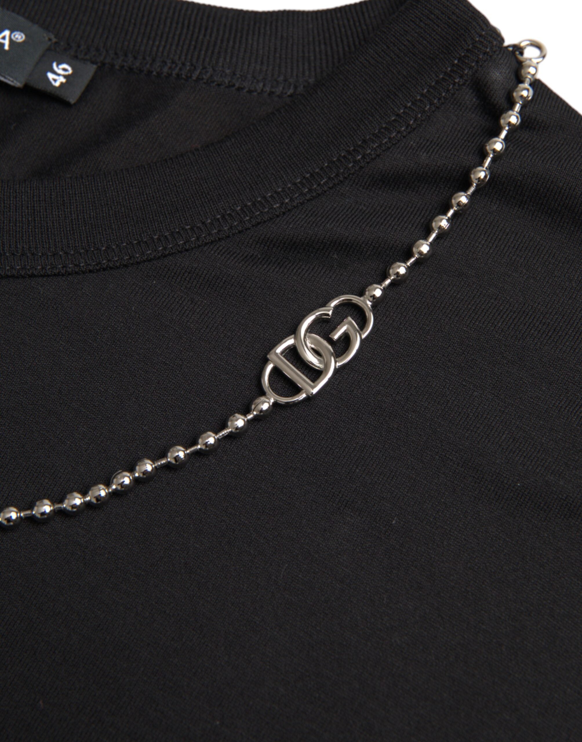 Dolce & Gabbana Black Cotton Silver Chain Short Sleeve Men's T-shirt