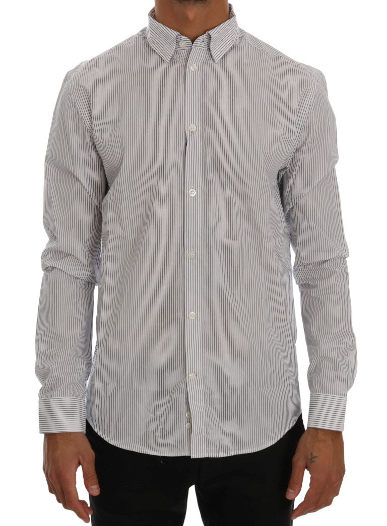 Frankie Morello White Blue Striped Casual Cotton Regular Fit Men's Shirt