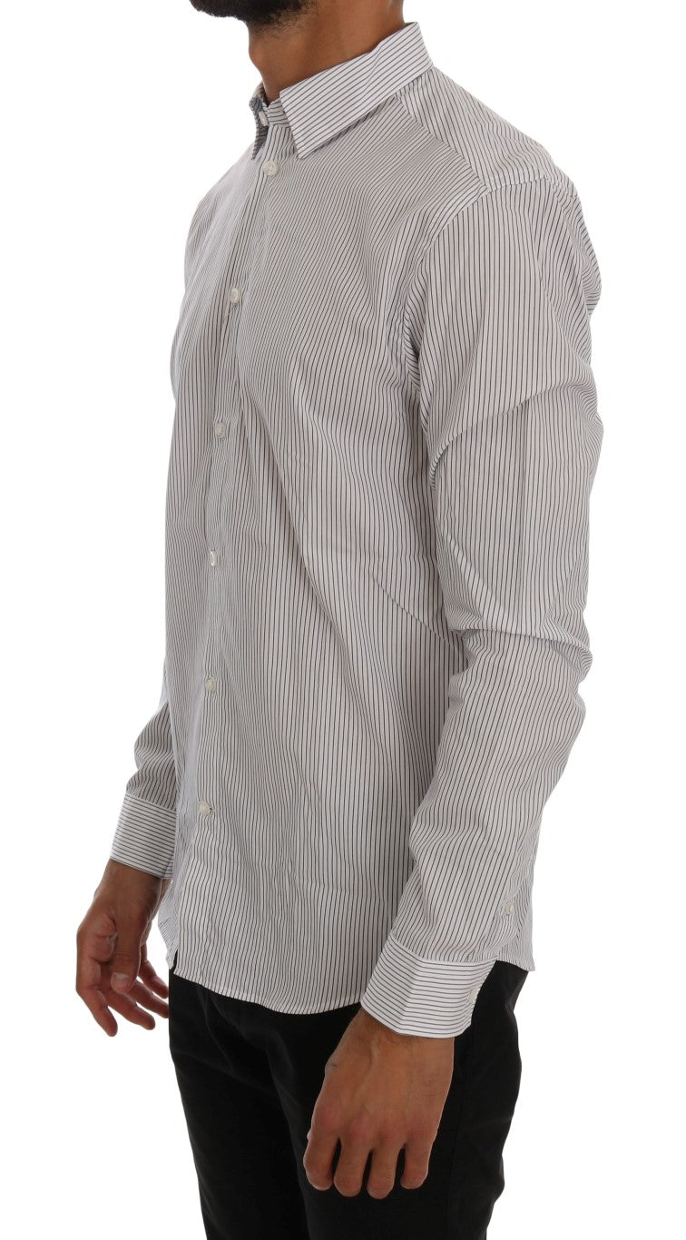 Frankie Morello White Blue Striped Casual Cotton Regular Fit Men's Shirt