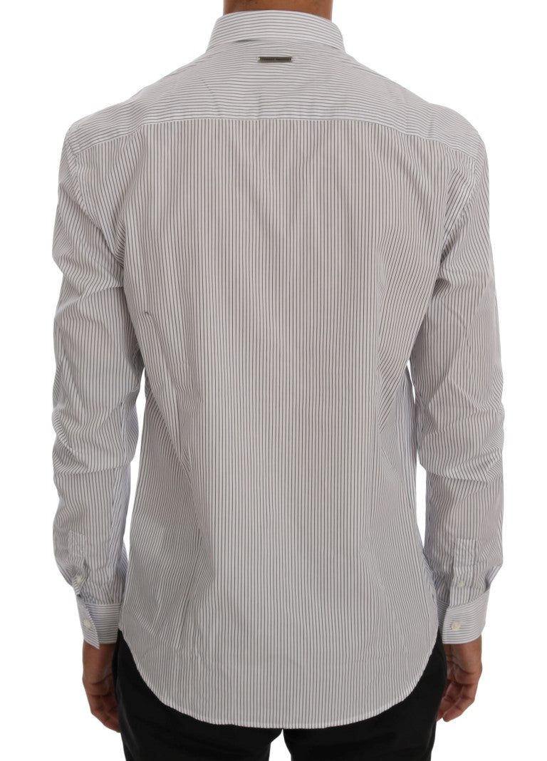Frankie Morello White Blue Striped Casual Cotton Regular Fit Men's Shirt