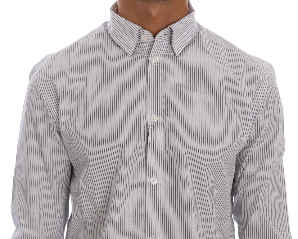 Frankie Morello White Blue Striped Casual Cotton Regular Fit Men's Shirt