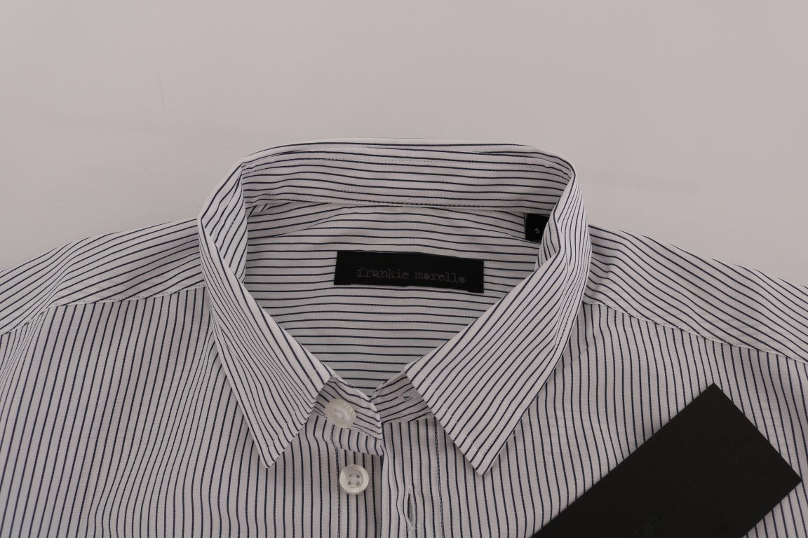 Frankie Morello White Blue Striped Casual Cotton Regular Fit Men's Shirt