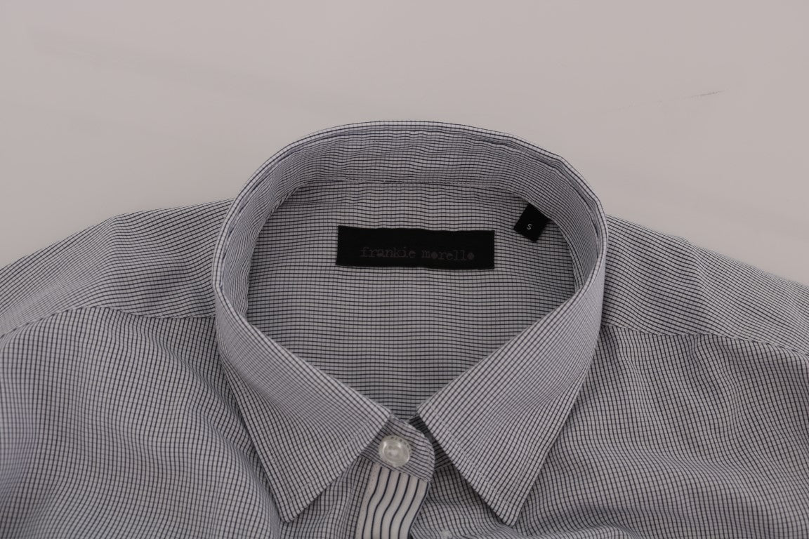 Frankie Morello White Blue Check Casual Cotton Regular Fit Men's Shirt