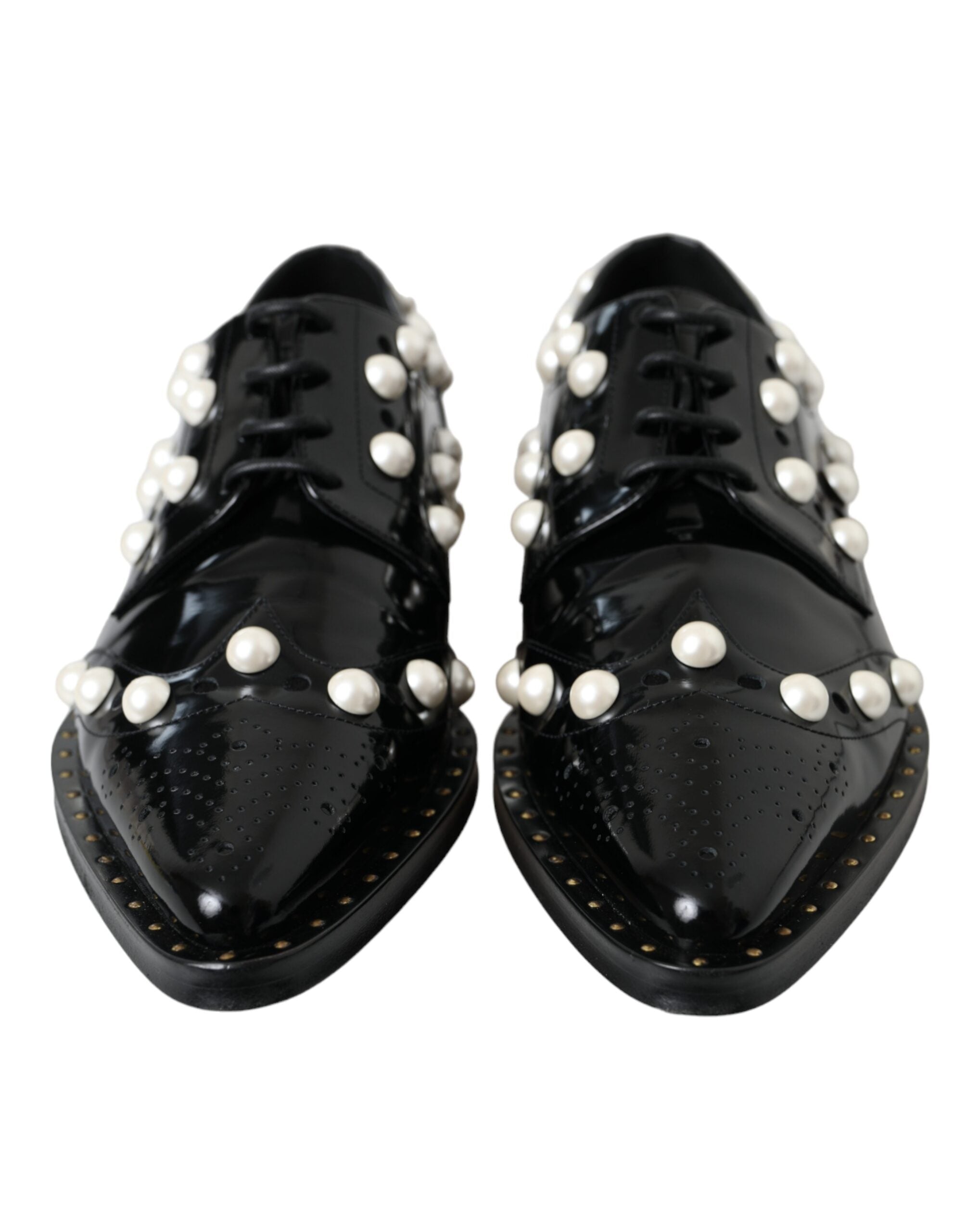 Dolce & Gabbana Black Leather Faux Pearl Dress Broque Women's Shoes (Pre-Owned)