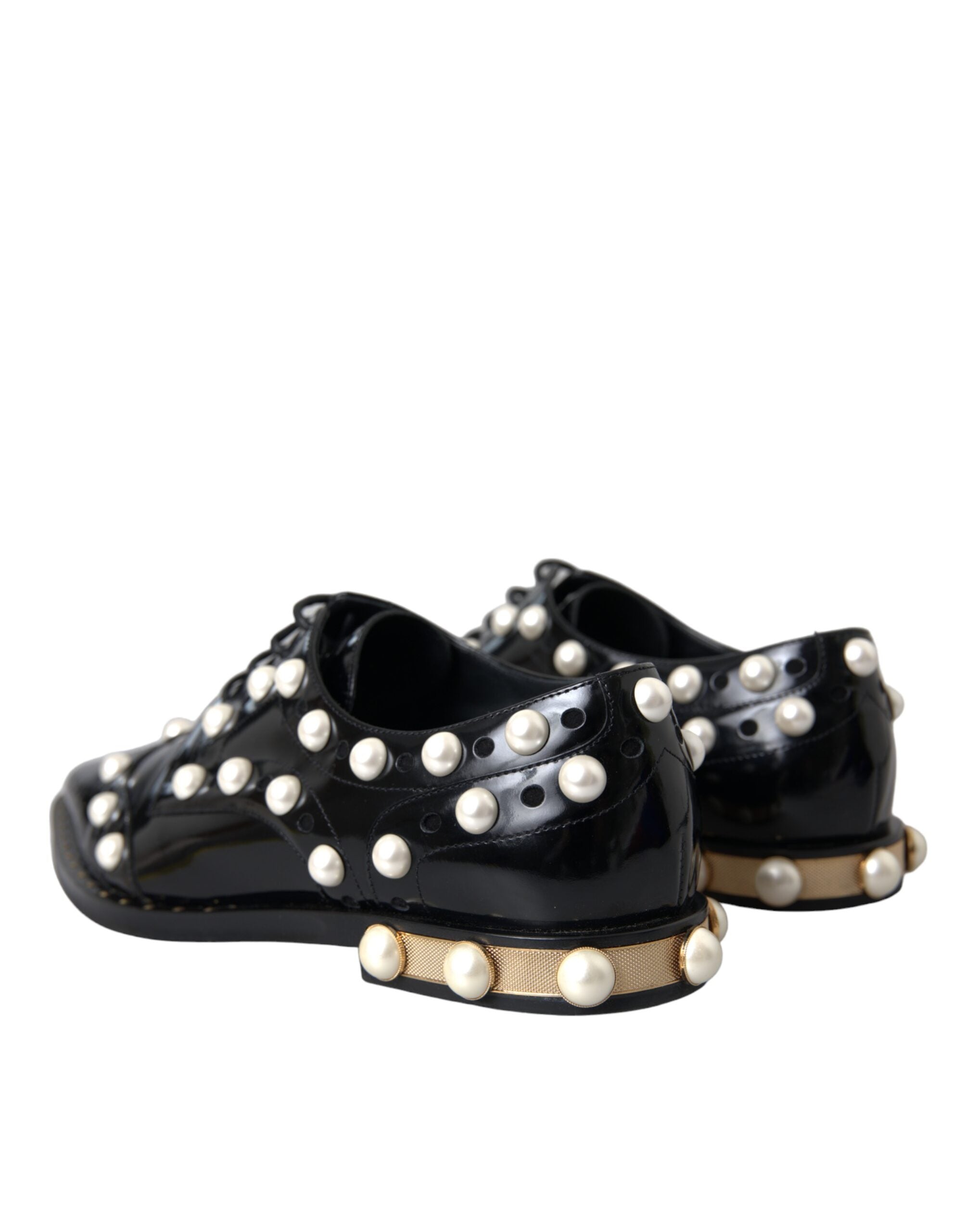 Dolce & Gabbana Black Leather Faux Pearl Dress Broque Women's Shoes (Pre-Owned)