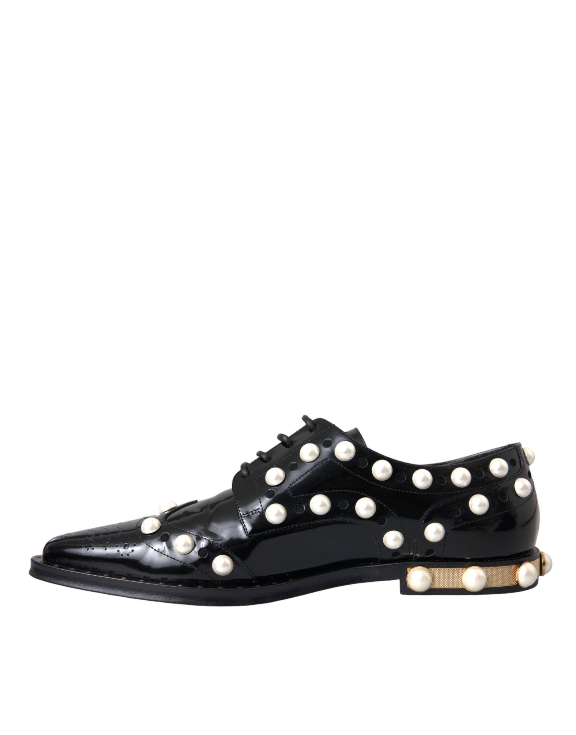 Dolce & Gabbana Black Leather Faux Pearl Dress Broque Women's Shoes (Pre-Owned)