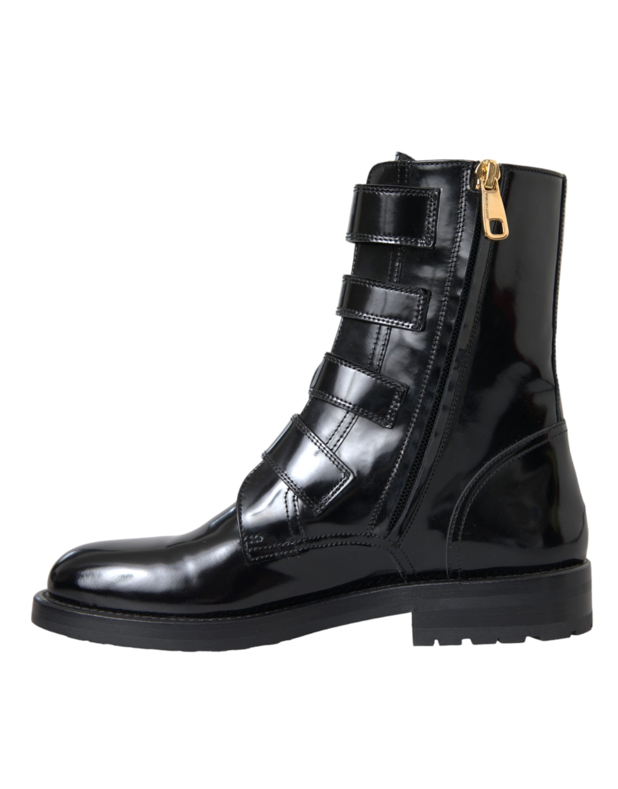 Dolce & Gabbana Black Leather Crystal Buckles Boots Women's Shoes
