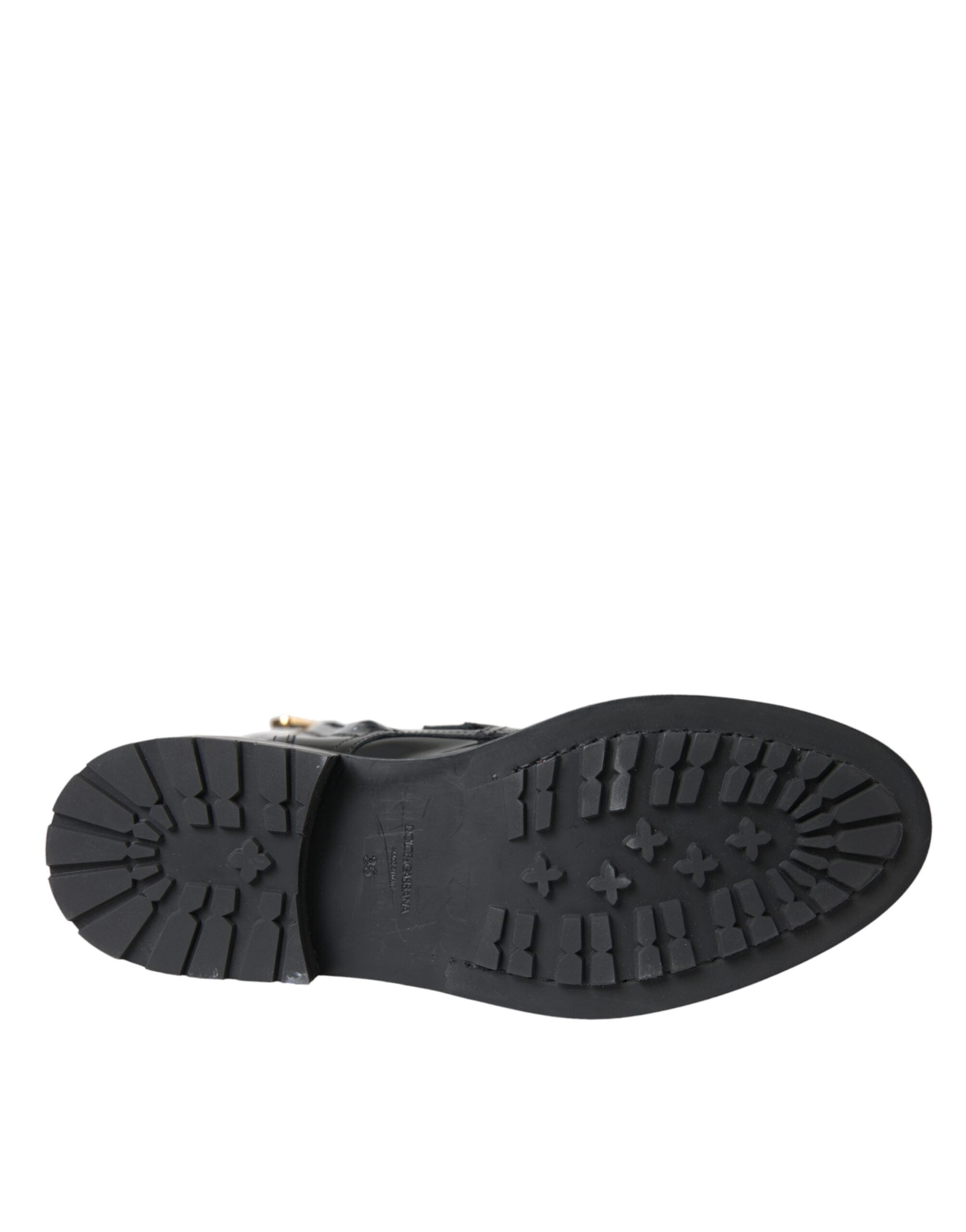 Dolce & Gabbana Black Leather Crystal Buckles Boots Women's Shoes