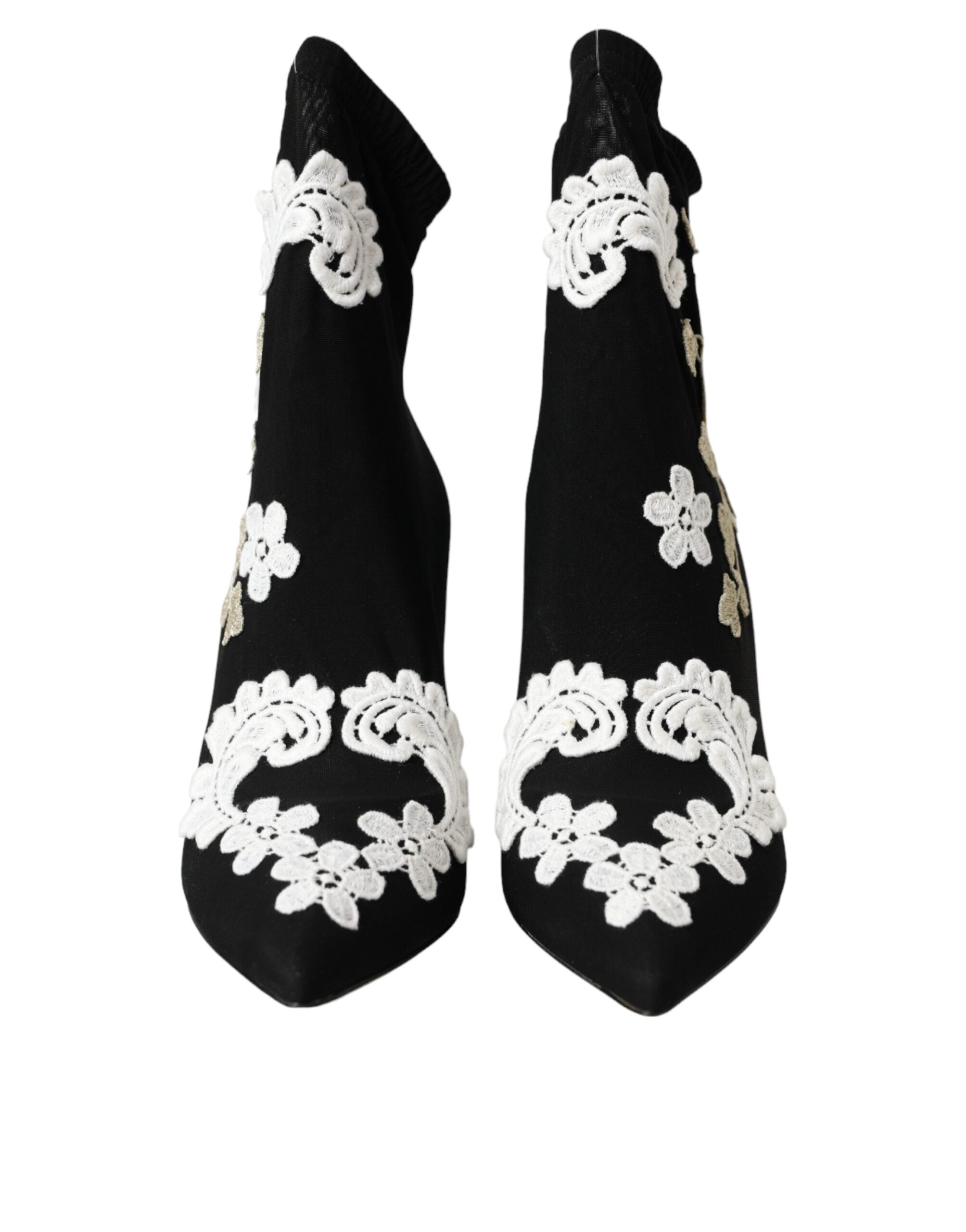 Dolce & Gabbana Black White Embroidery Slip On Boots Women's Shoes