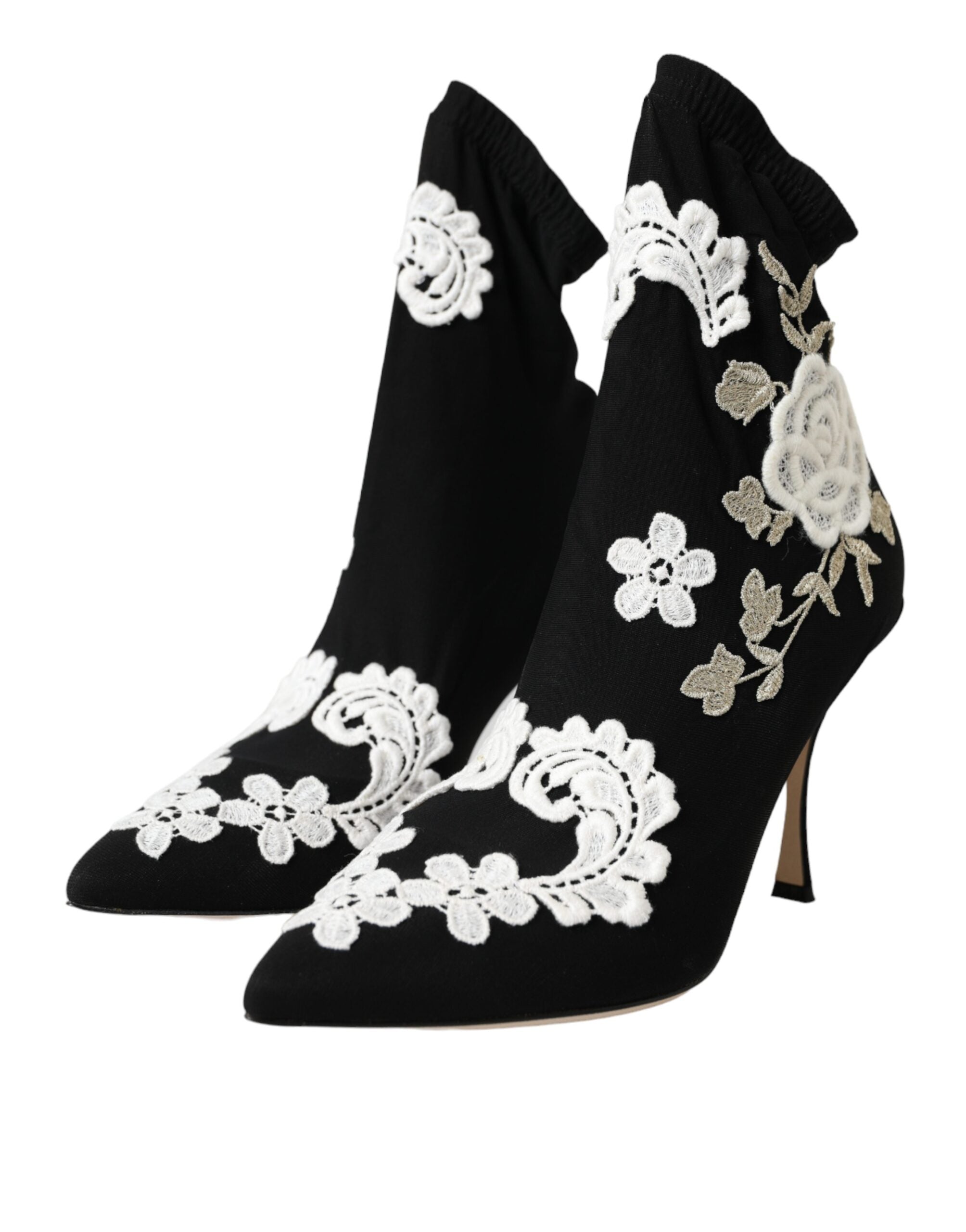 Dolce & Gabbana Black White Embroidery Slip On Boots Women's Shoes