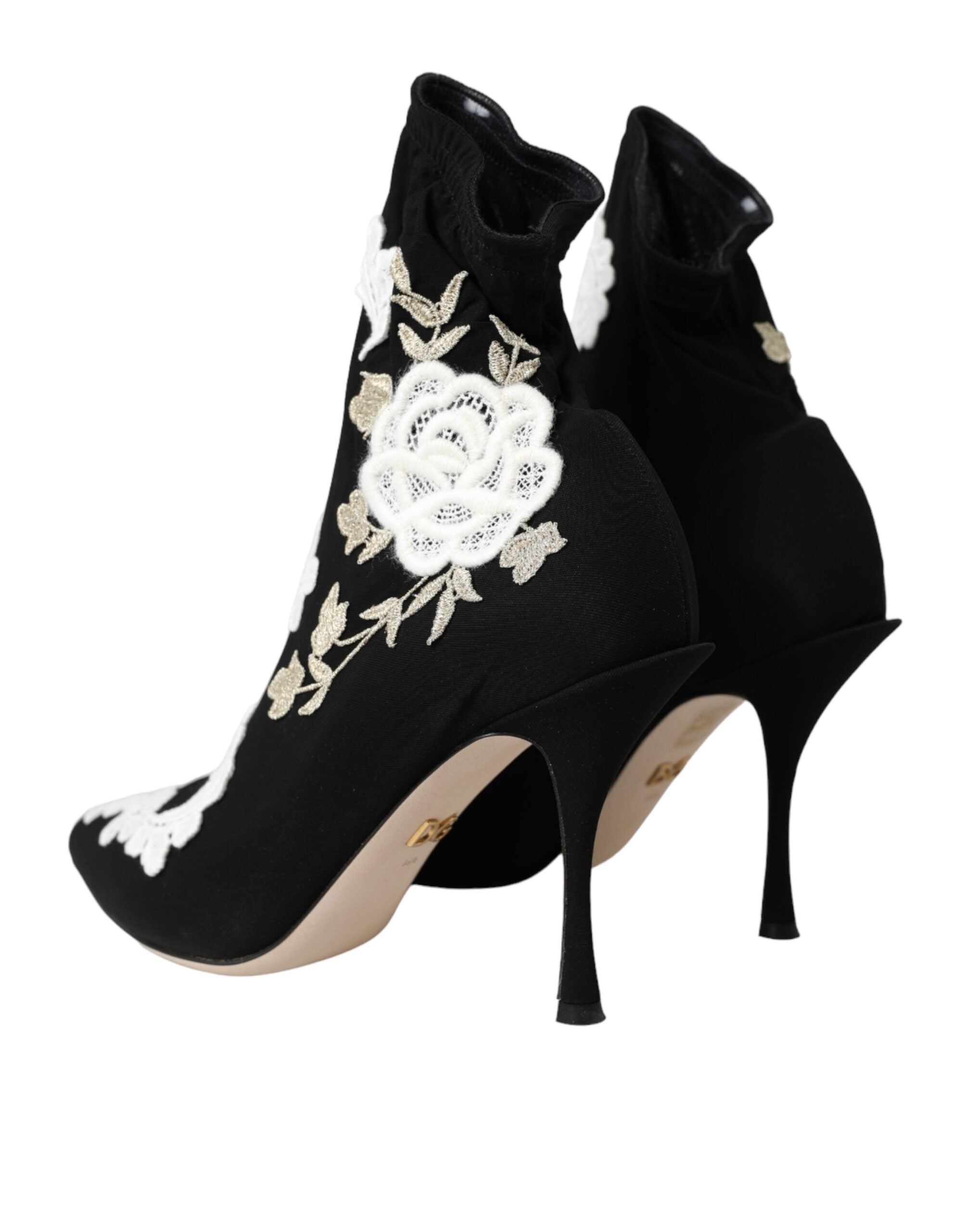 Dolce & Gabbana Black White Embroidery Slip On Boots Women's Shoes