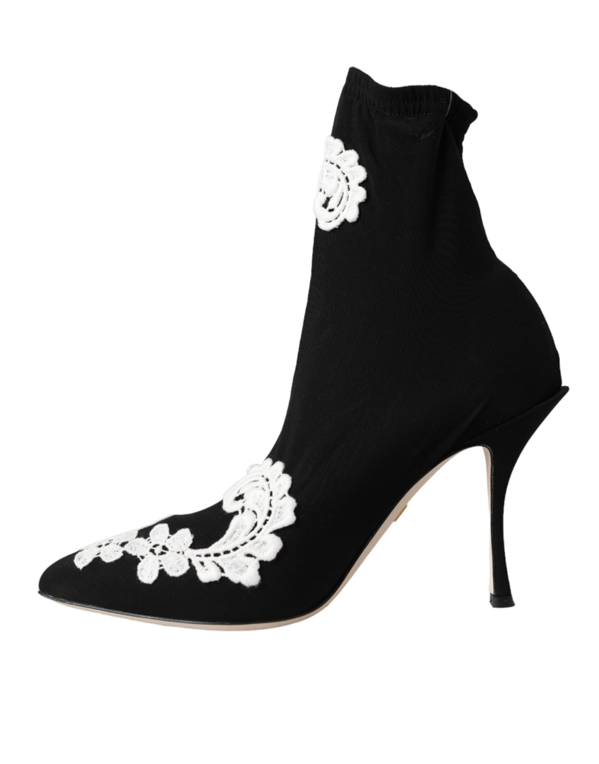 Dolce & Gabbana Black White Embroidery Slip On Boots Women's Shoes