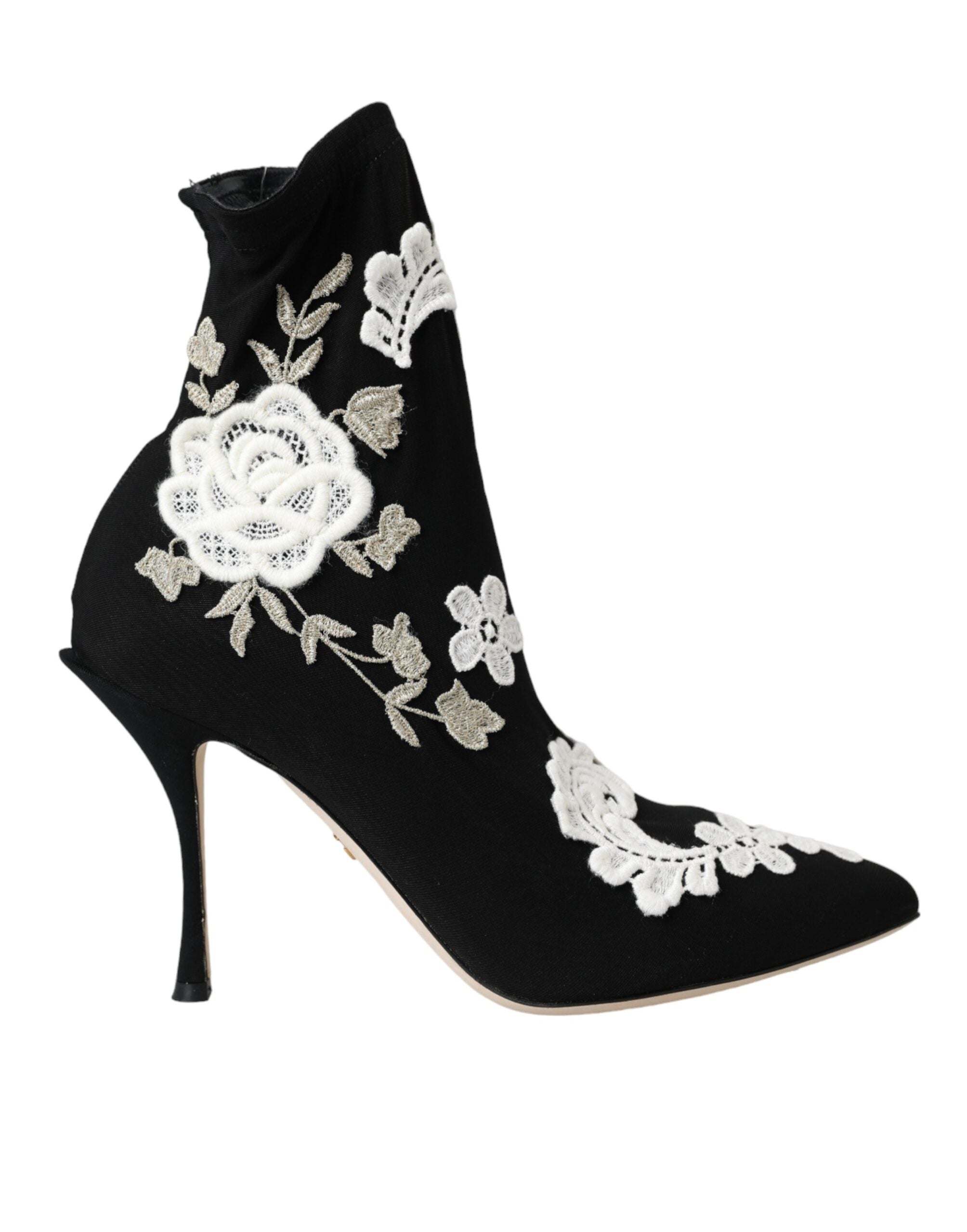 Dolce & Gabbana Black White Embroidery Slip On Boots Women's Shoes