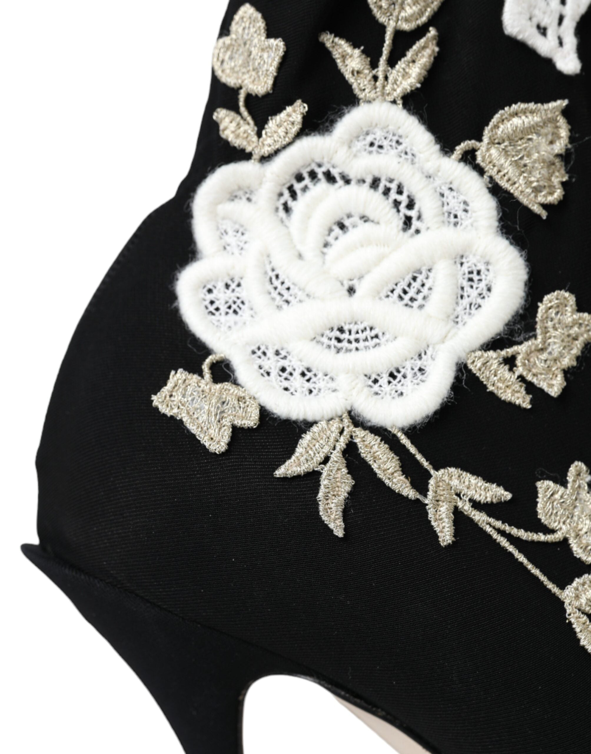 Dolce & Gabbana Black White Embroidery Slip On Boots Women's Shoes