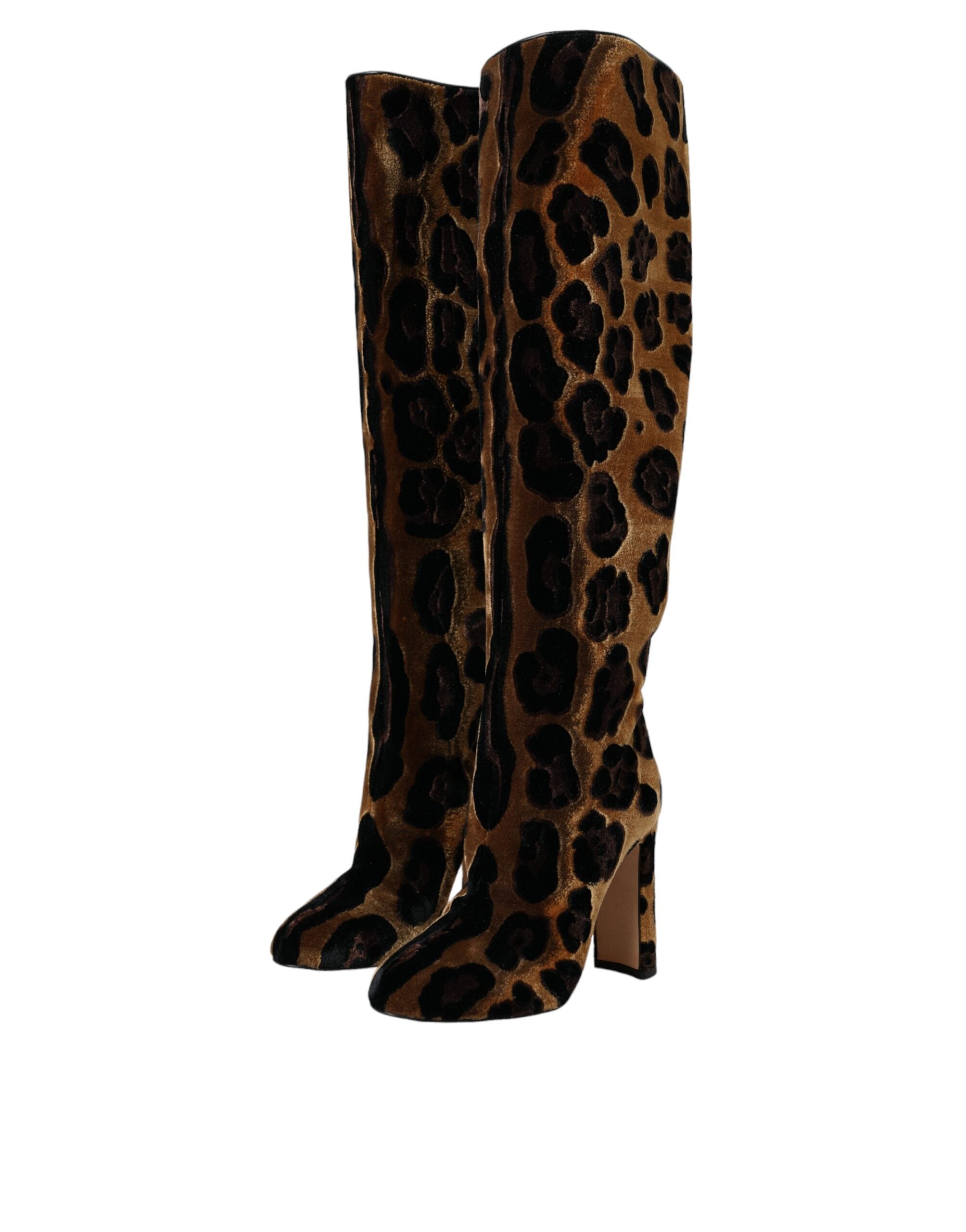 Dolce & Gabbana Brown Giraffe Velvet Leather Boots Women's Shoes