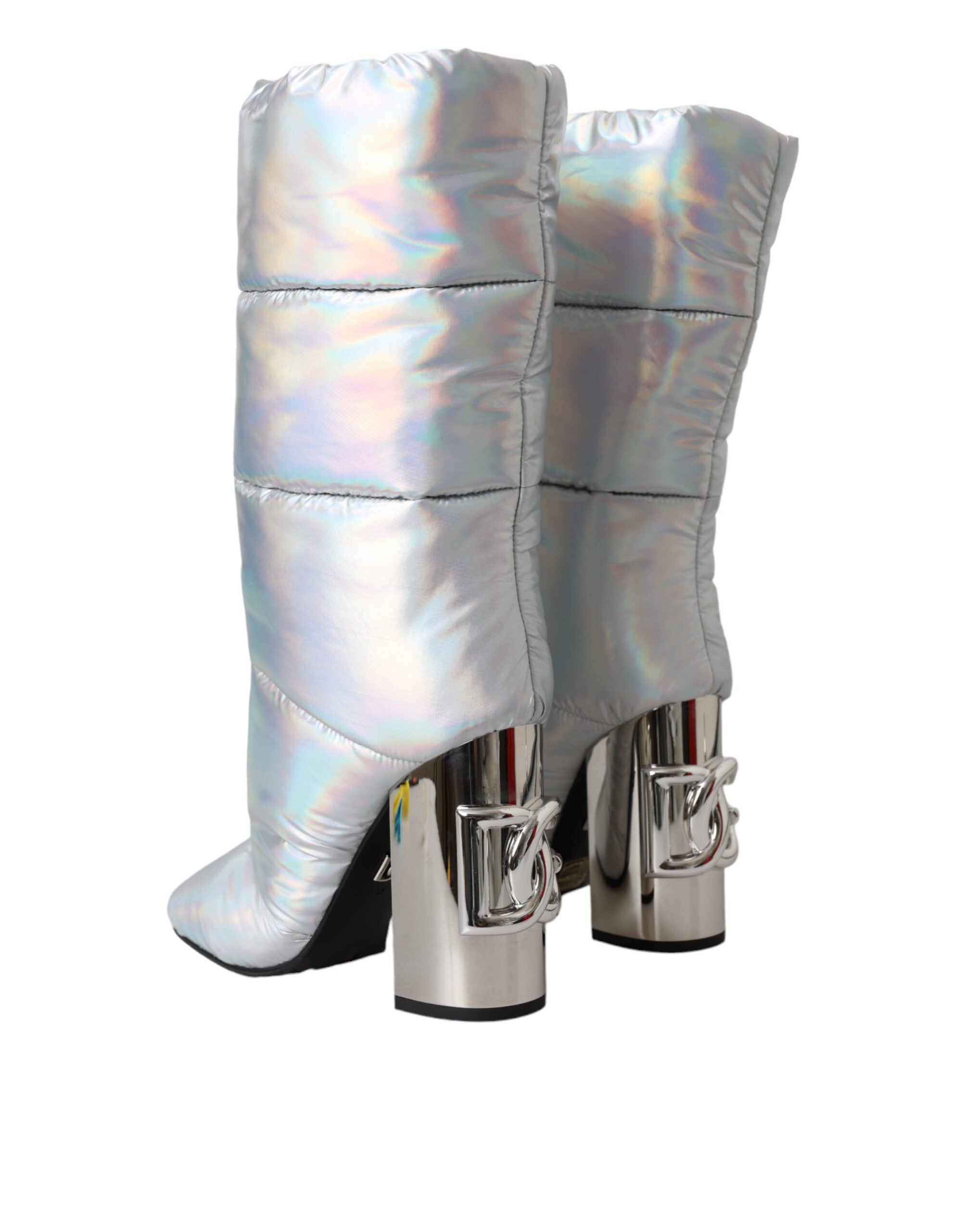 Dolce & Gabbana Silver Padded DG Logo Heels Boots Women's Shoes