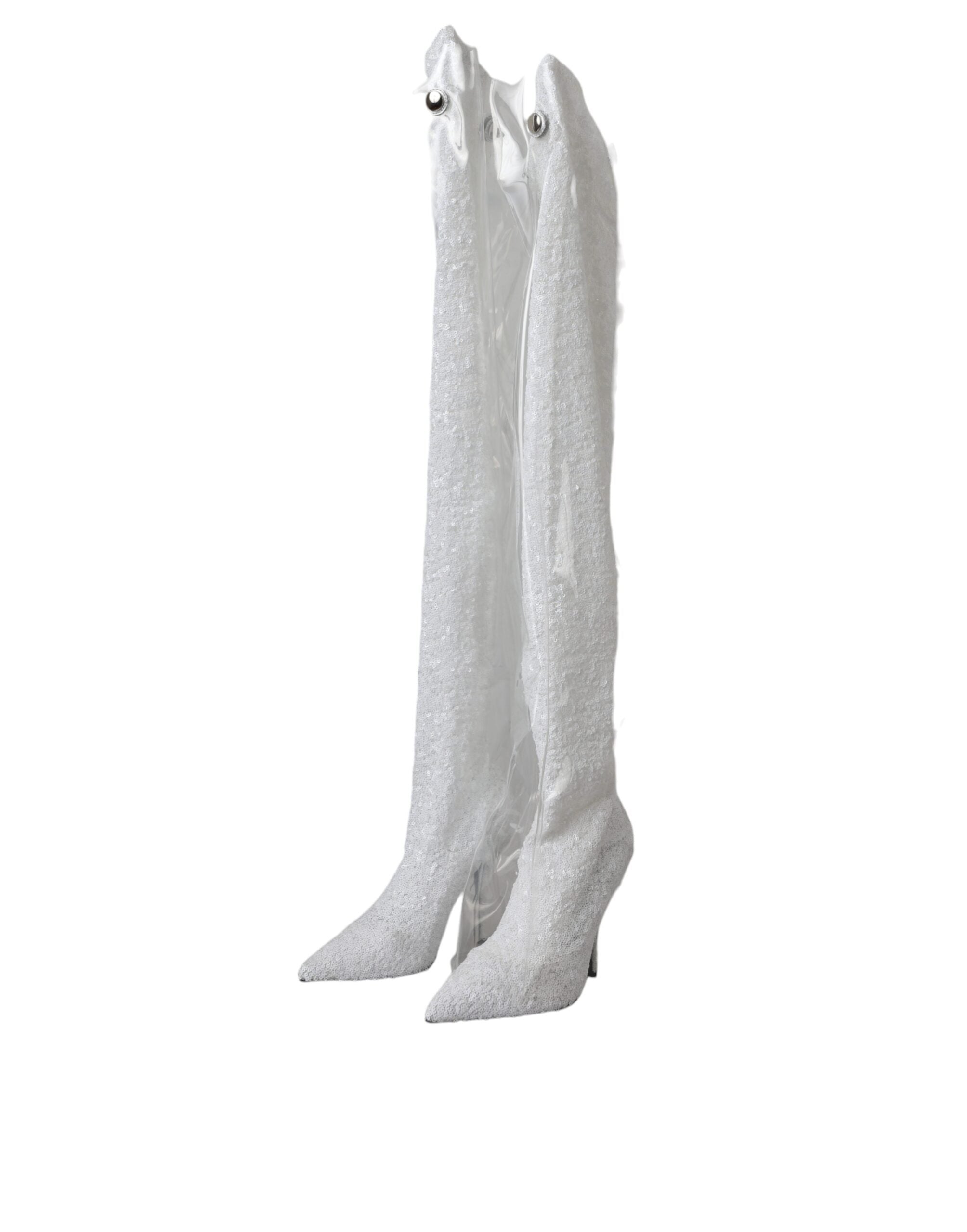 Dolce & Gabbana White Heels Stiletto Knee High Boots Women's Shoes