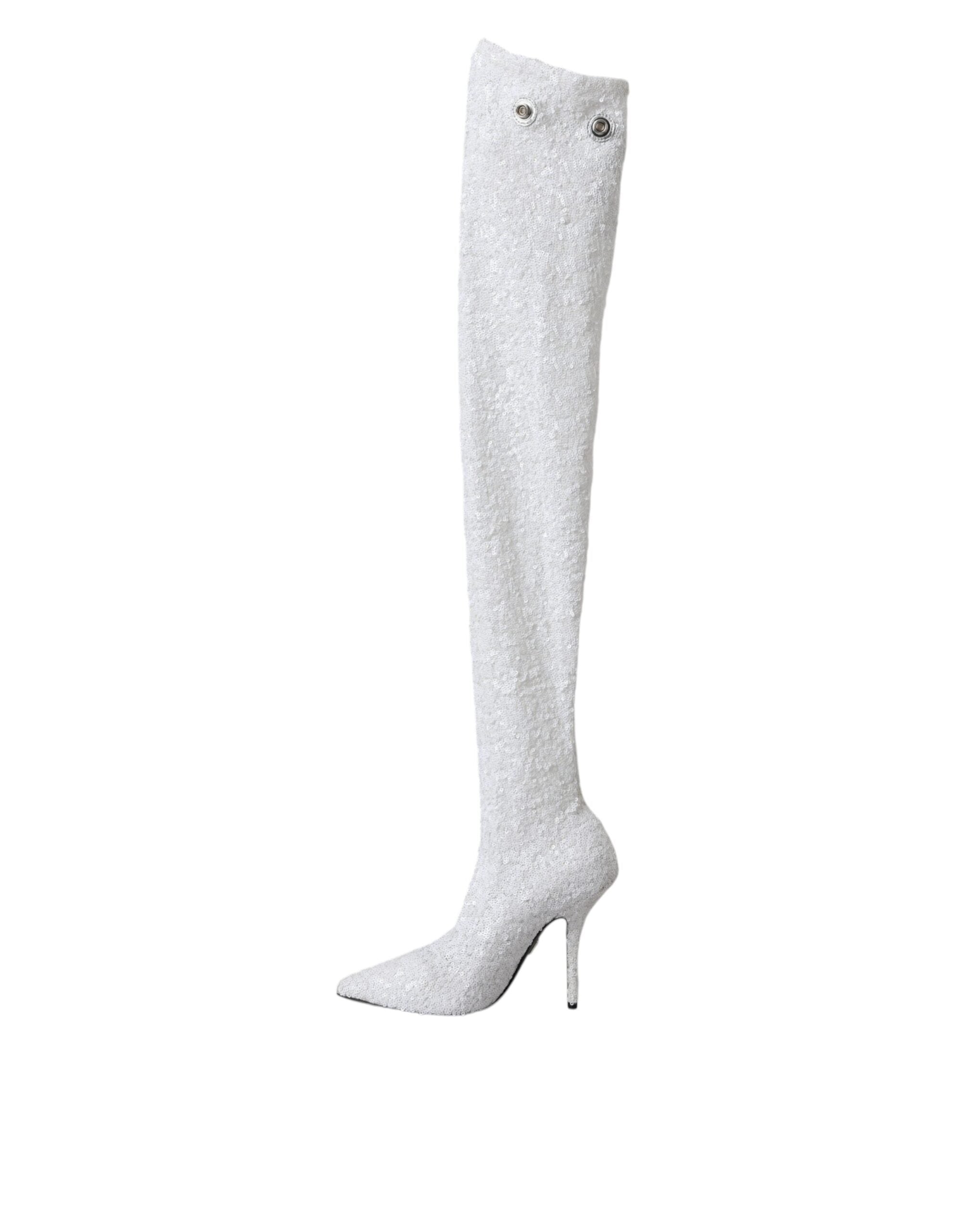 Dolce & Gabbana White Heels Stiletto Knee High Boots Women's Shoes
