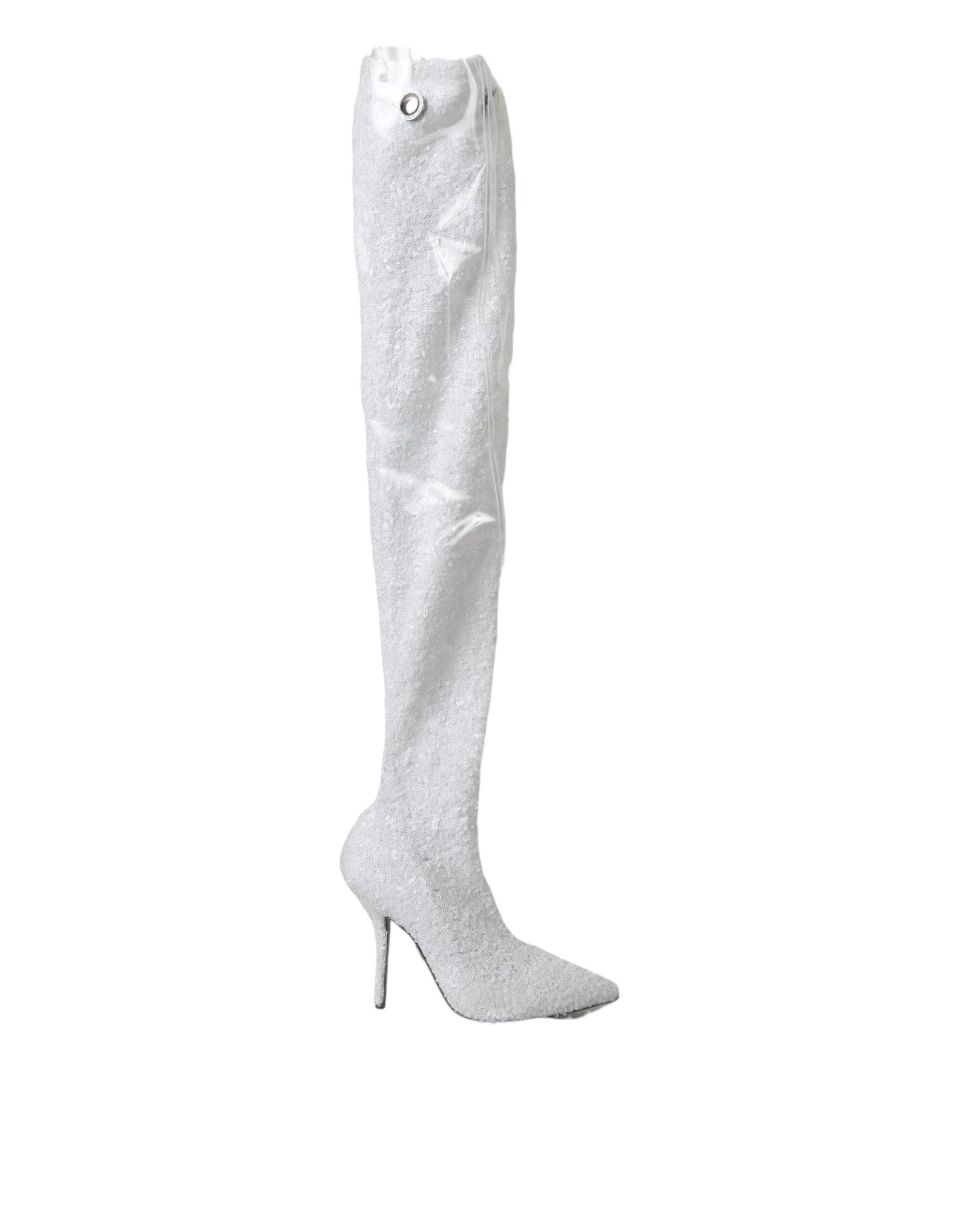 Dolce & Gabbana White Heels Stiletto Knee High Boots Women's Shoes