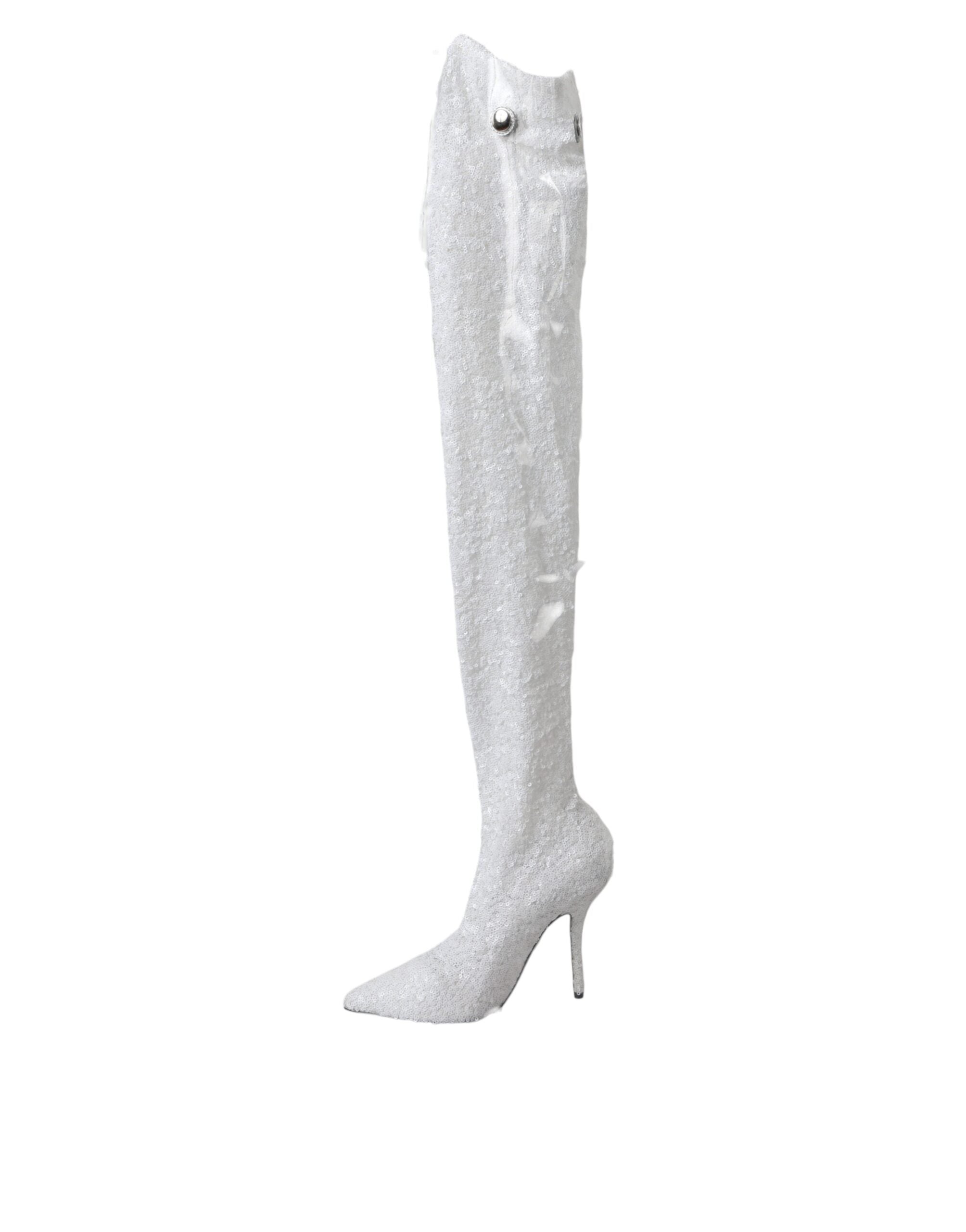Dolce & Gabbana White Heels Stiletto Knee High Boots Women's Shoes