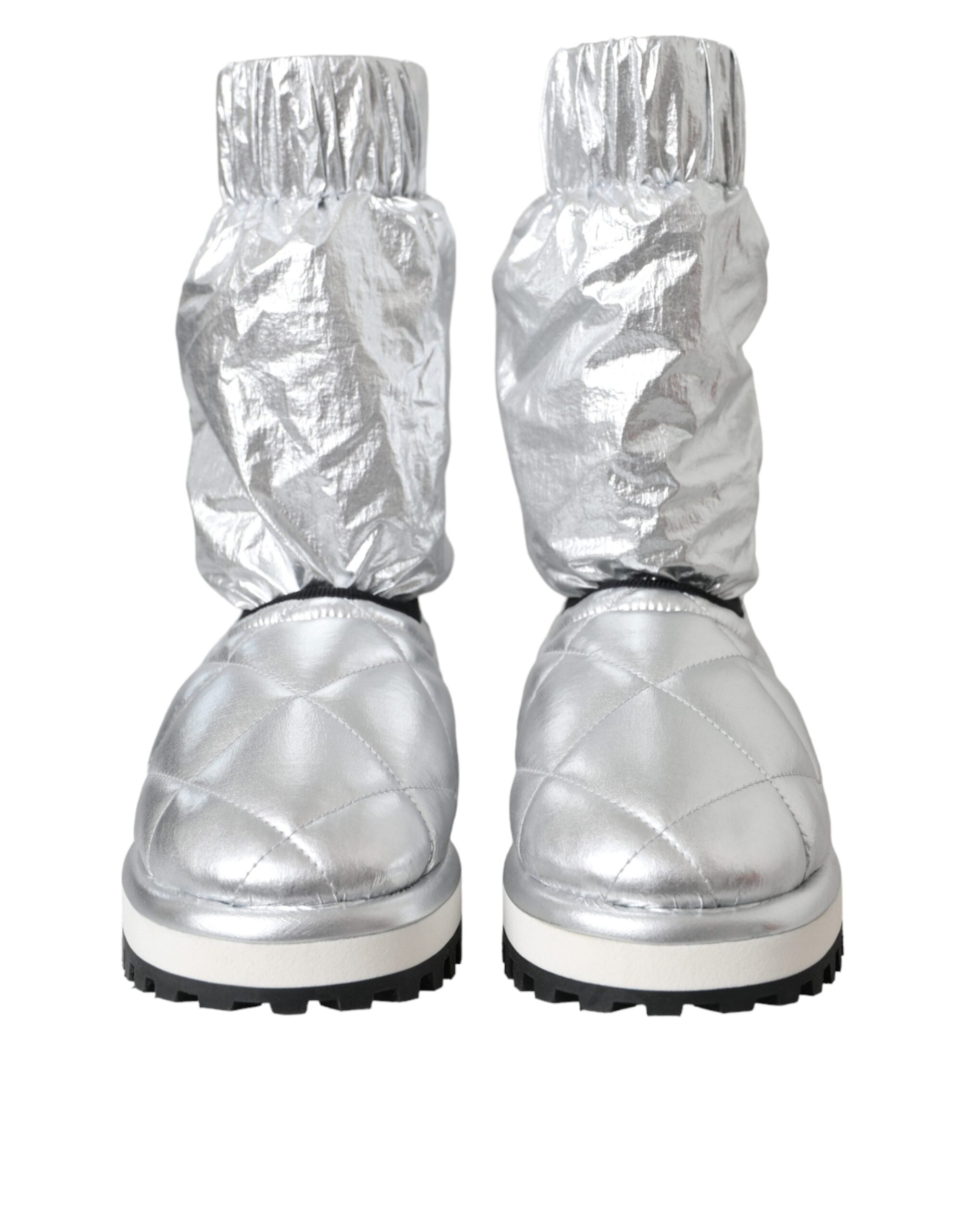Dolce & Gabbana Metallic Silver Quilted Logo Patch Boot Women's Shoes