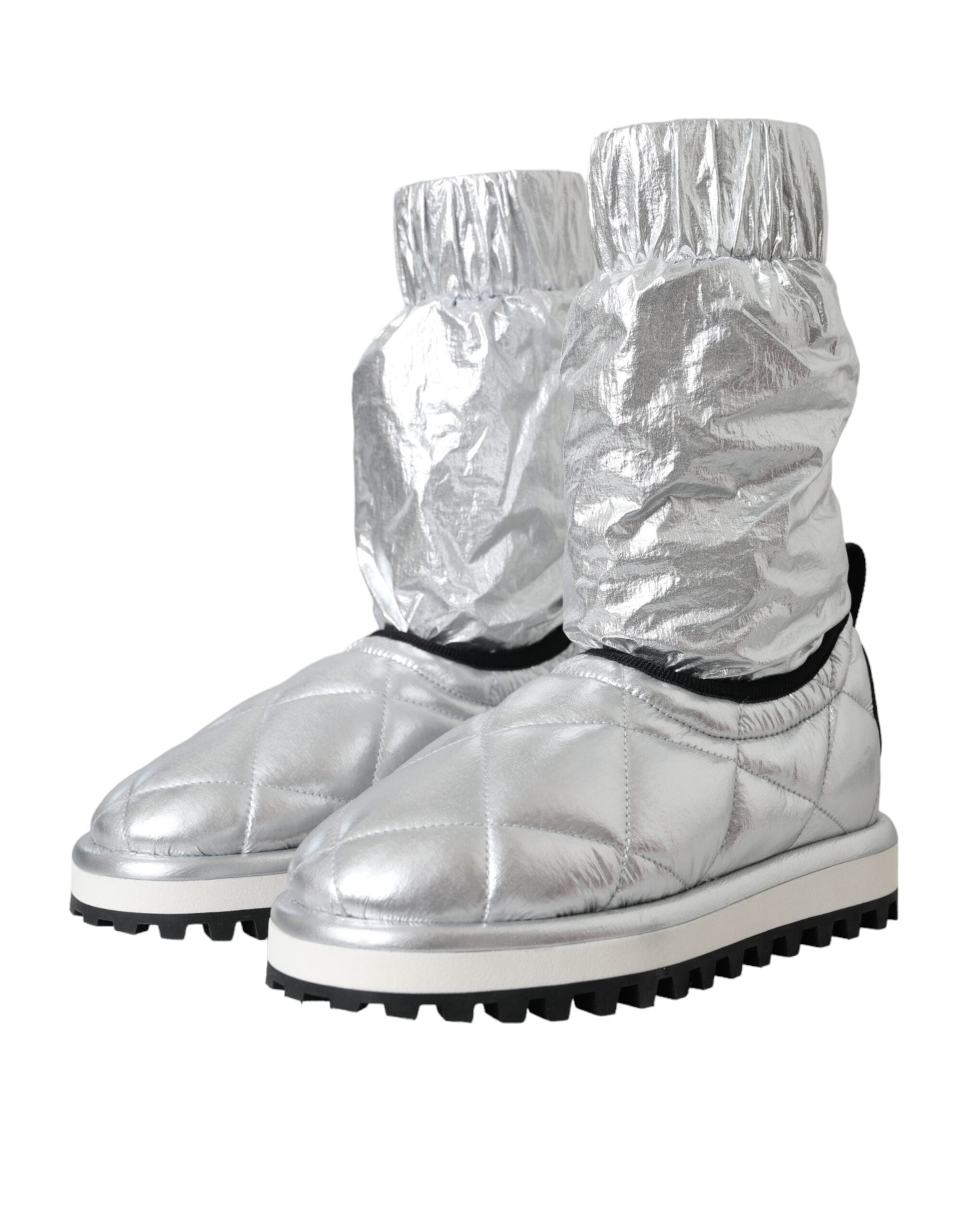 Dolce & Gabbana Metallic Silver Quilted Logo Patch Boot Women's Shoes