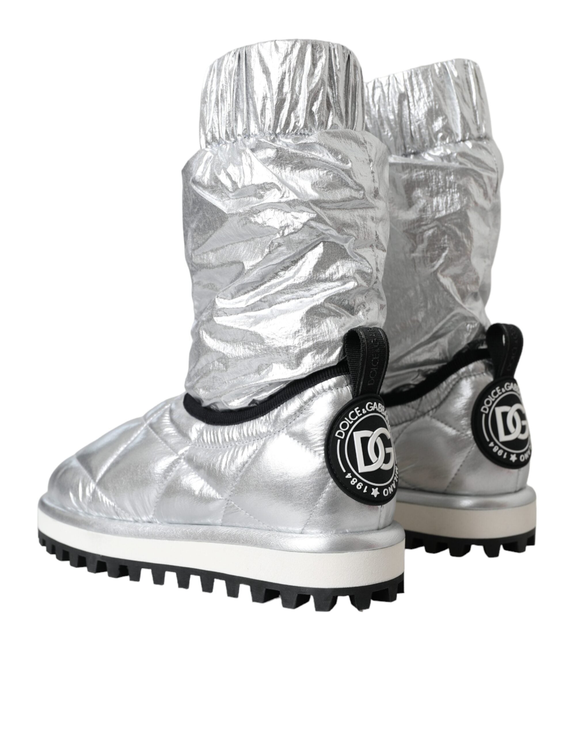 Dolce & Gabbana Metallic Silver Quilted Logo Patch Boot Women's Shoes