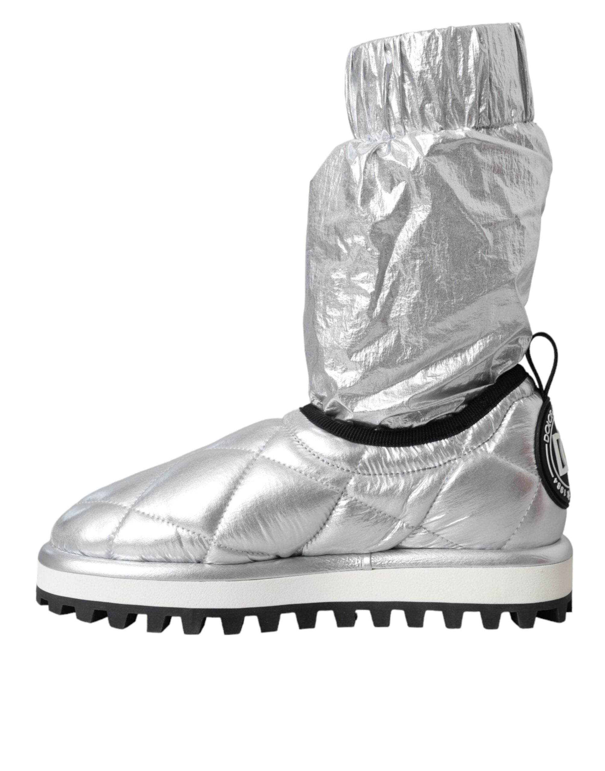 Dolce & Gabbana Metallic Silver Quilted Logo Patch Boot Women's Shoes