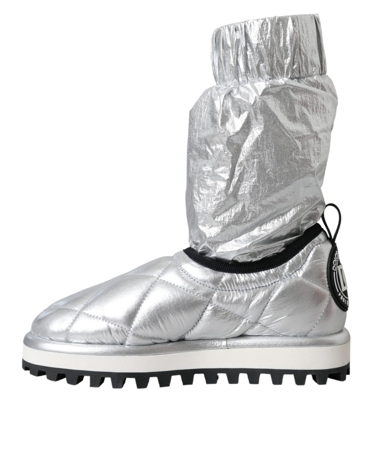 Dolce & Gabbana Metallic Silver Quilted Logo Patch Boot Women's Shoes
