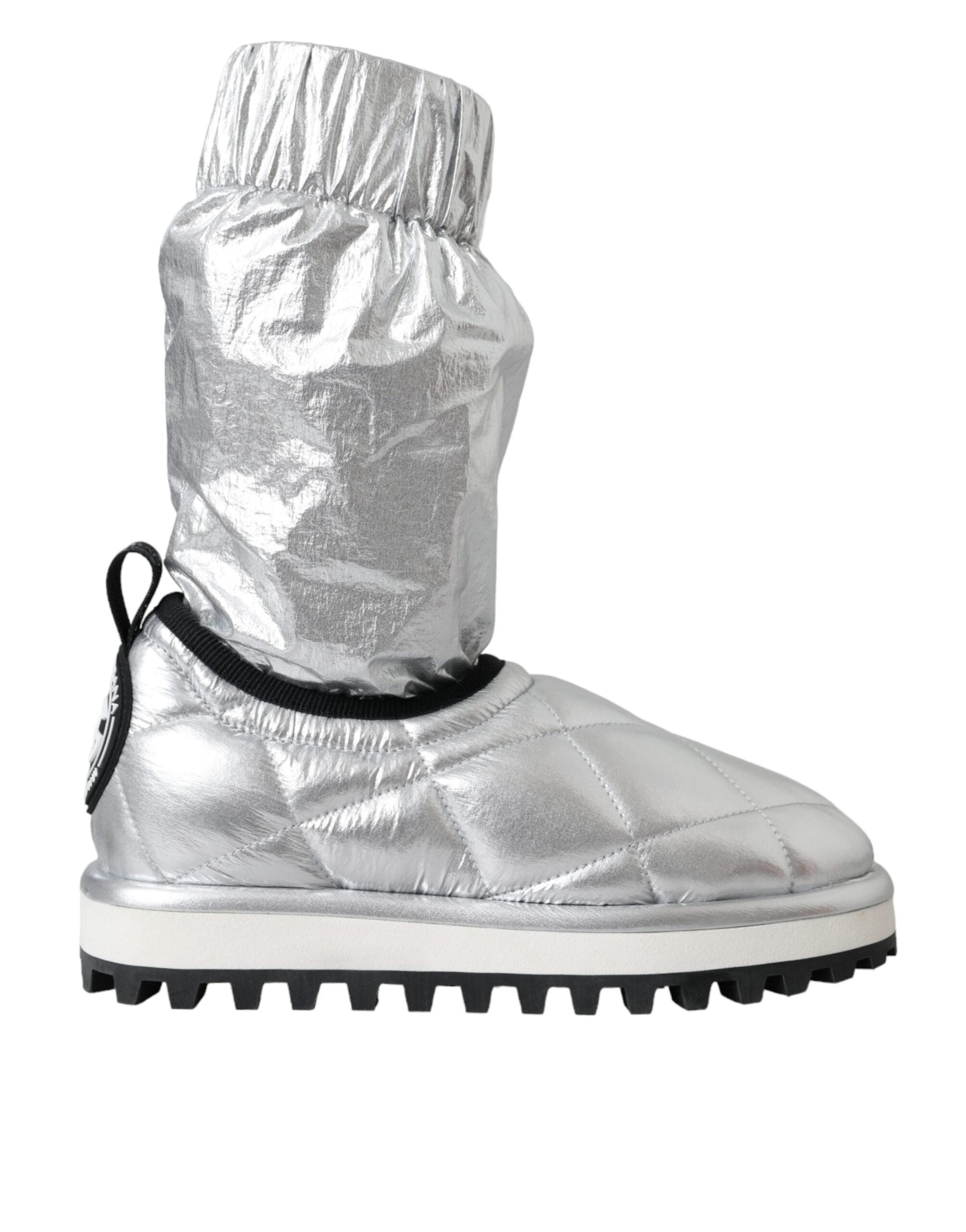 Dolce & Gabbana Metallic Silver Quilted Logo Patch Boot Women's Shoes